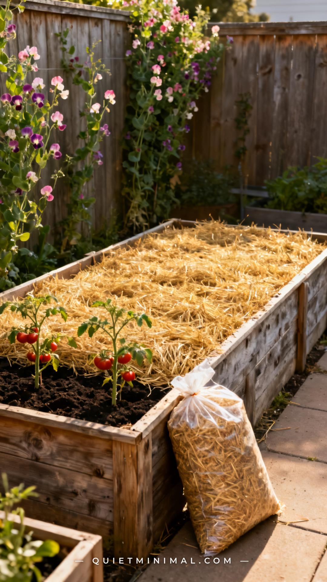 A vertical photograph captures a wide view of a raised garden bed showing a thick layer of straw mulch spread evenly acr