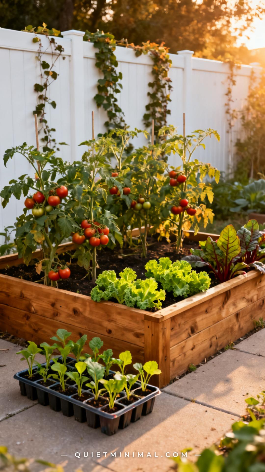 A vertical photograph captures a wide view of a raised garden bed in late summer
