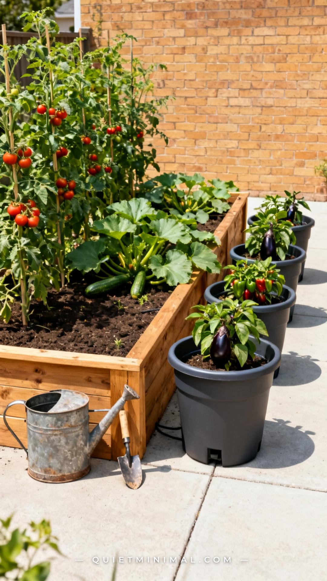 A vertical photograph captures a medium-wide view of a backyard patio showing two distinct garden environments side by s