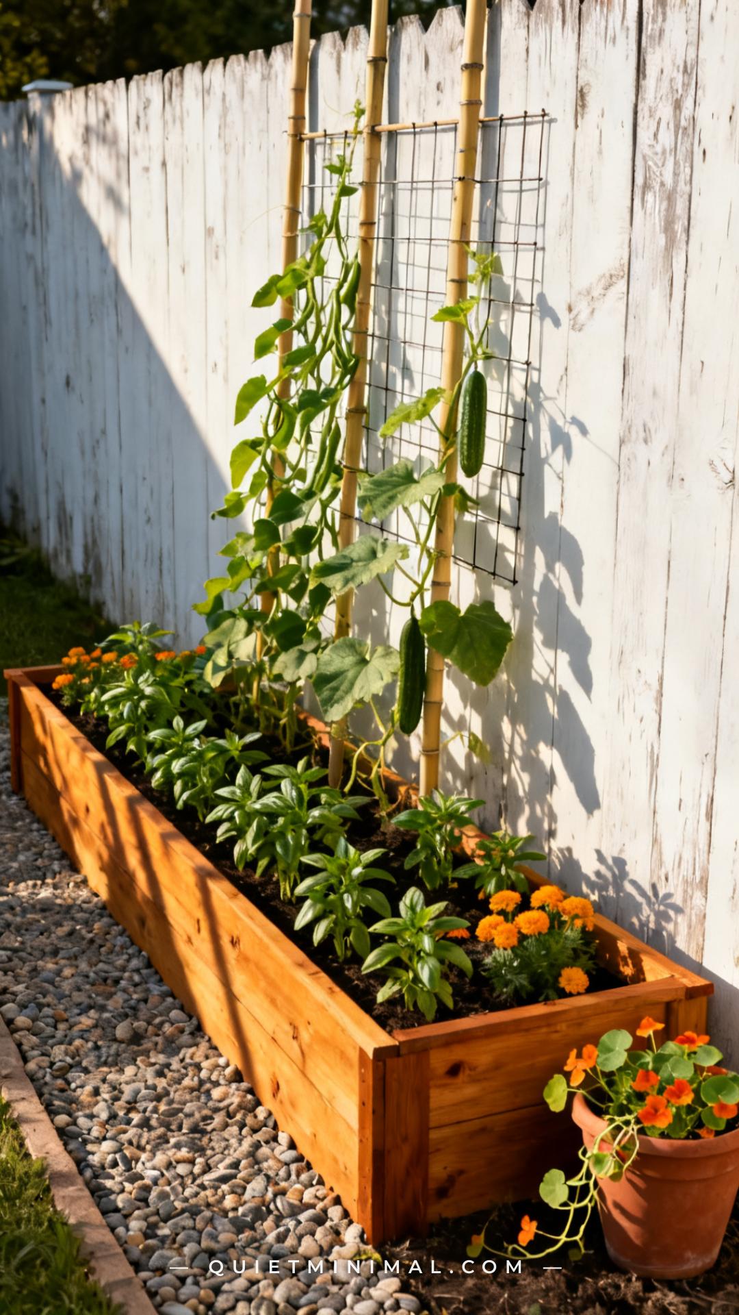 A vertical photograph captures a wide establishing shot of a compact raised garden bed against a weathered white wood fe