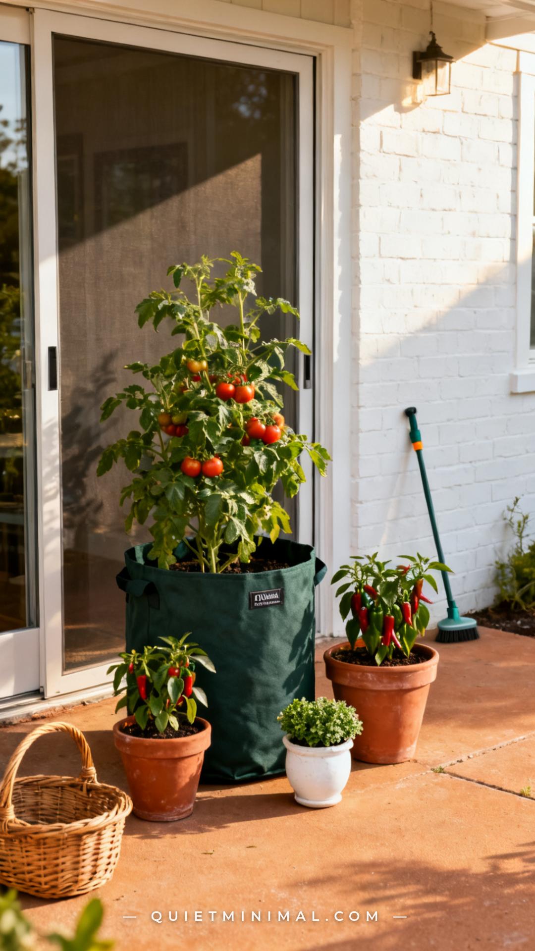 A vertical photograph captures a wide patio scene showing five different containers in a variety of sizes arranged on a