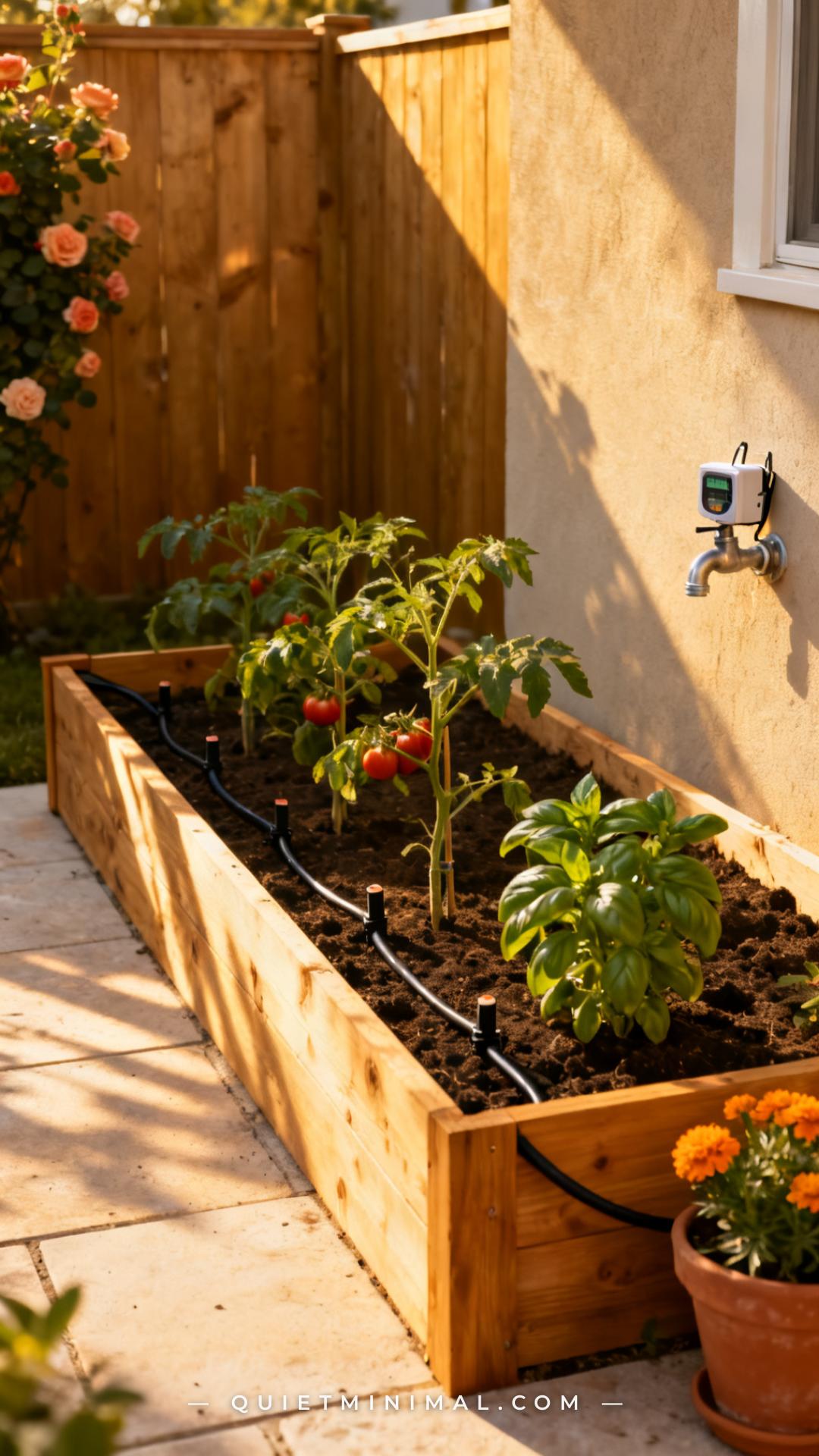 A vertical photograph captures a wide establishing view of a raised cedar garden bed with a simple drip irrigation syste