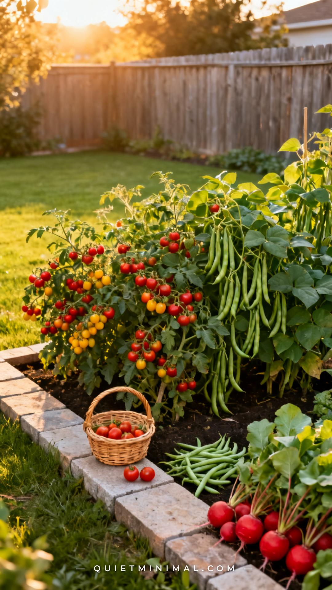 A vertical photograph captures a wide view of a small backyard plot — a modest rectangular garden bed bordered with ston