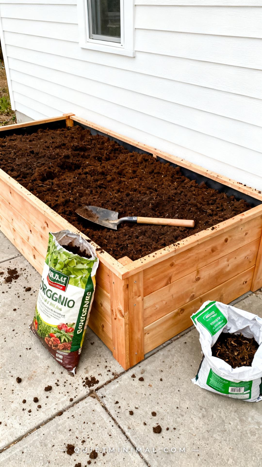A vertical photograph captures a wide view of a backyard raised bed being set up — a freshly filled cedar frame with ric