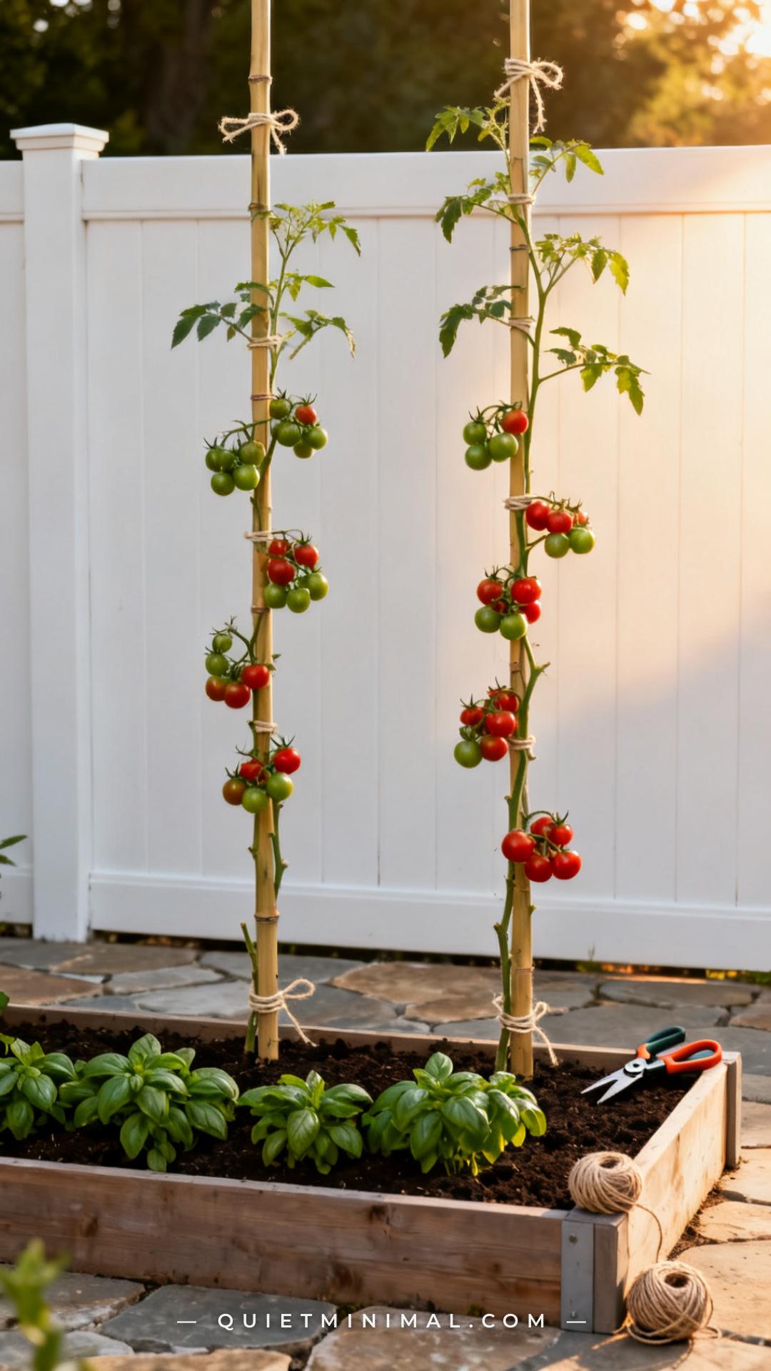 A vertical photograph captures a wide view of a raised garden bed showing two tomato plants trained to single vertical s