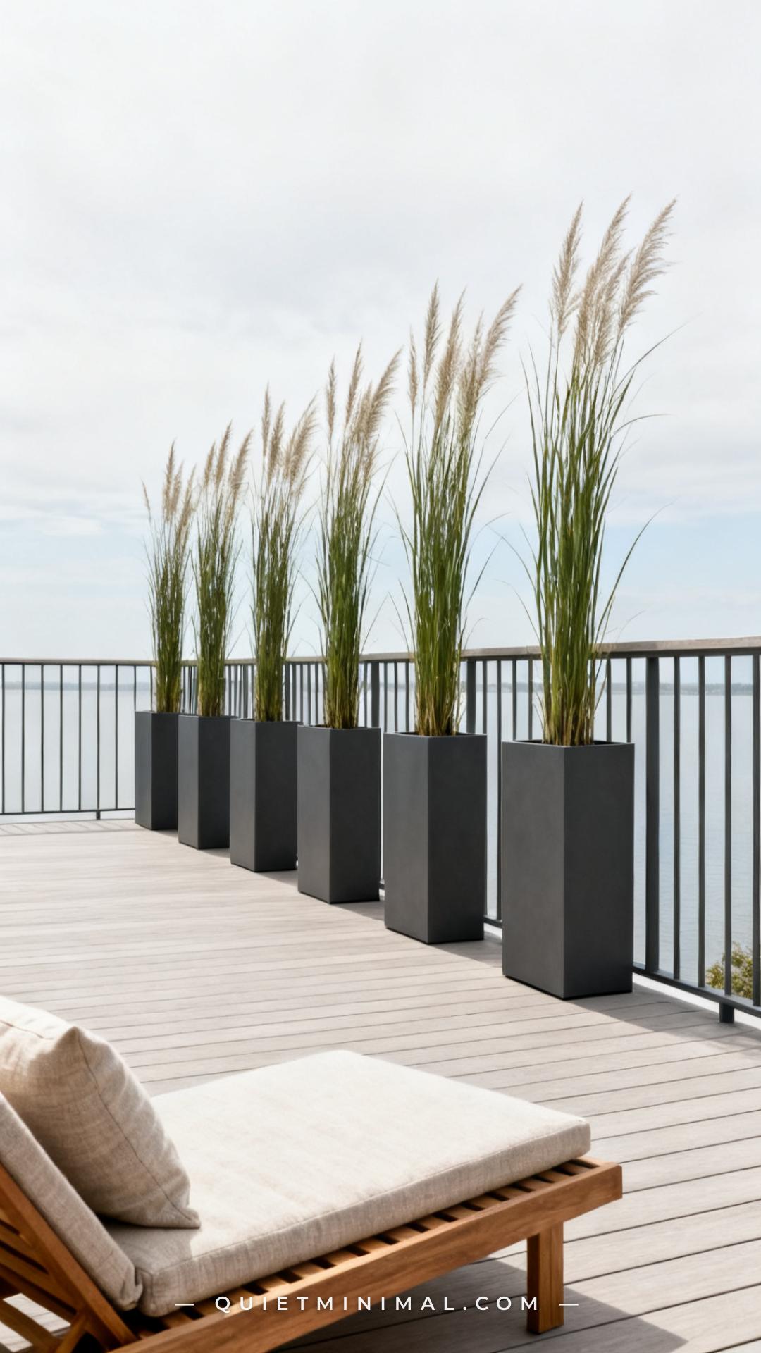A wide establishing shot of a contemporary wooden deck showing the full railing line from corner to corner