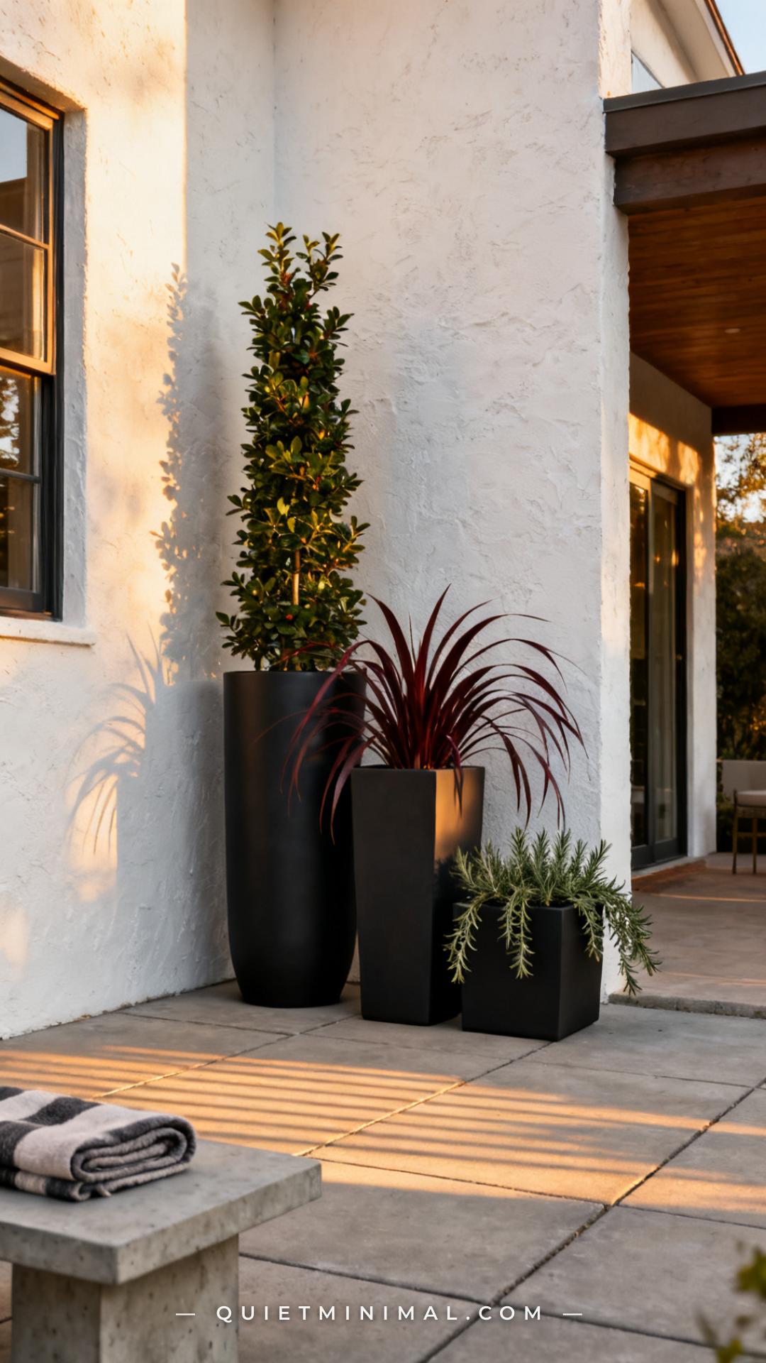 A medium-wide photograph of a backyard patio corner where three tall planters of varying heights are grouped together ag