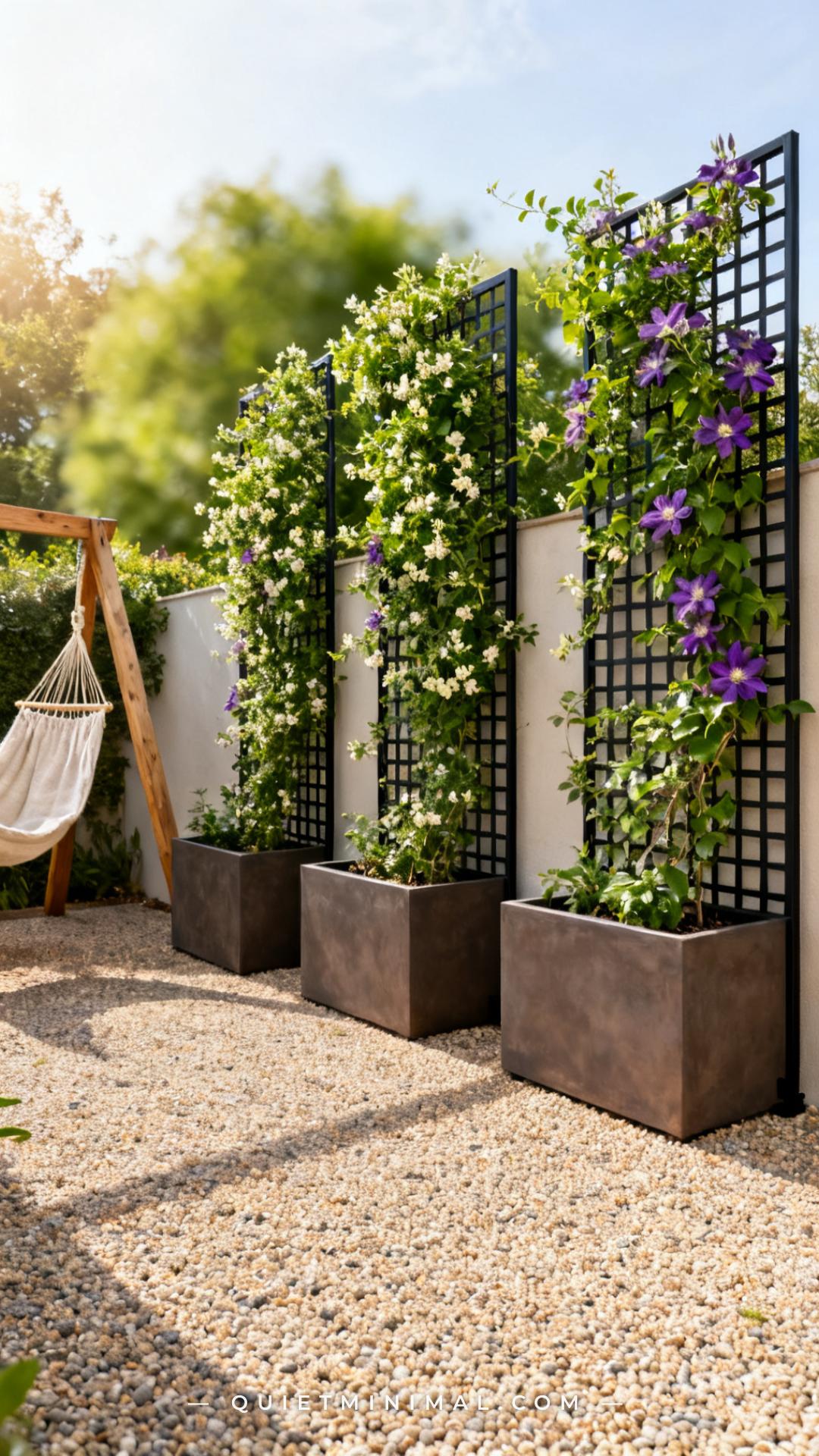 A wide establishing photograph of a backyard privacy wall built from three large deep rectangular planters