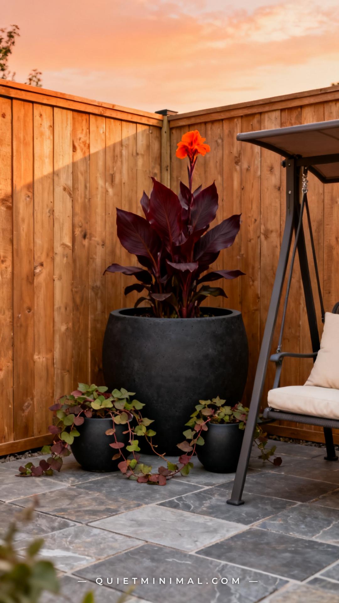 A wide-angle photograph of a backyard patio corner where an oversized round matte black concrete-look planter — approxim