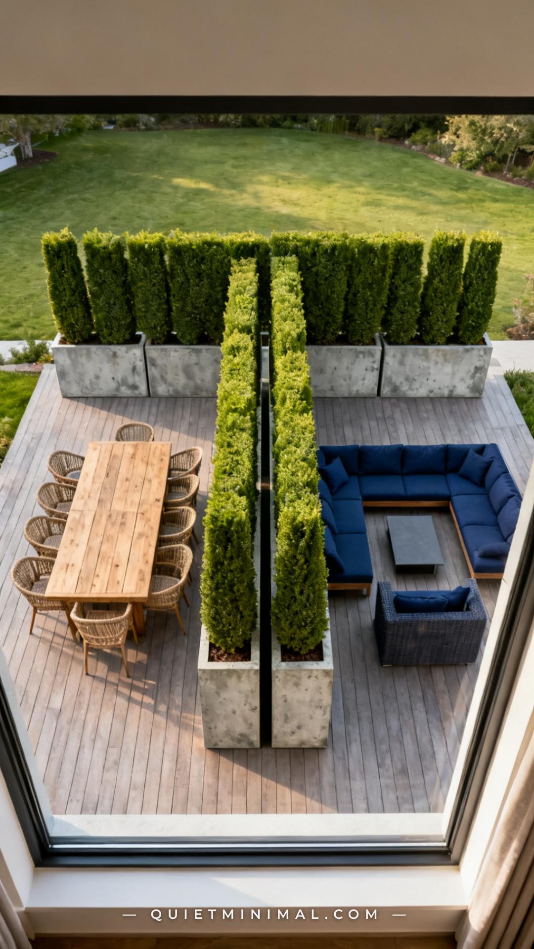 A wide overhead-angle photograph looking down at a large modern deck from a second-floor window or elevated vantage poin