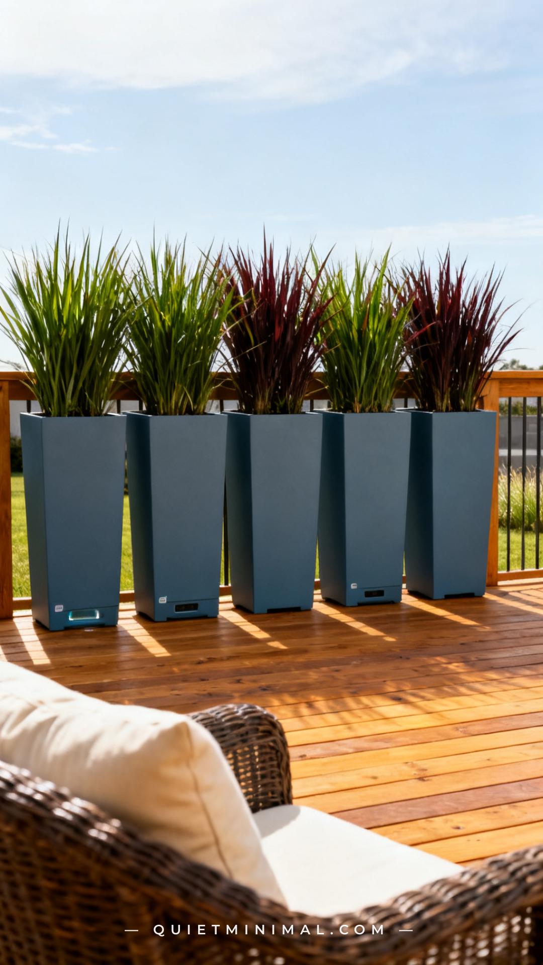 A wide residential deck scene photographed in soft morning light