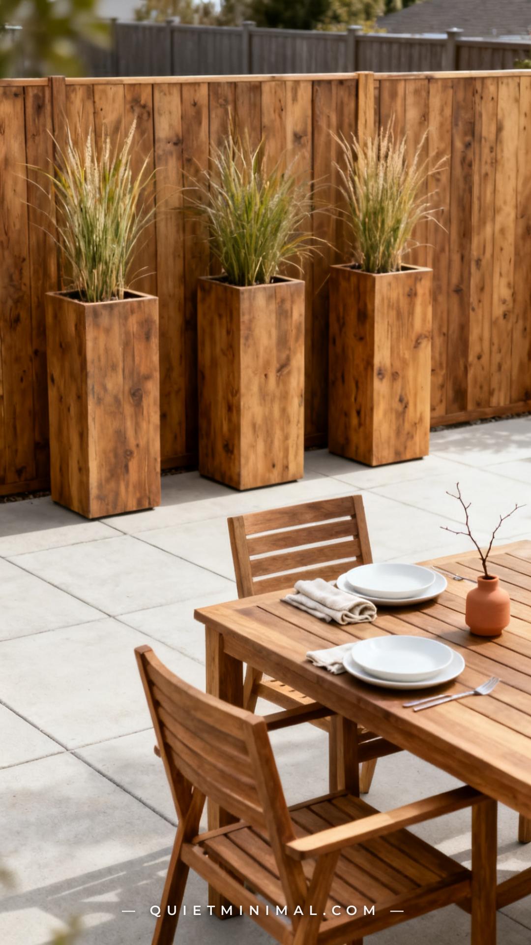 A wide photograph of a well-styled contemporary outdoor patio with a clear material coordination theme