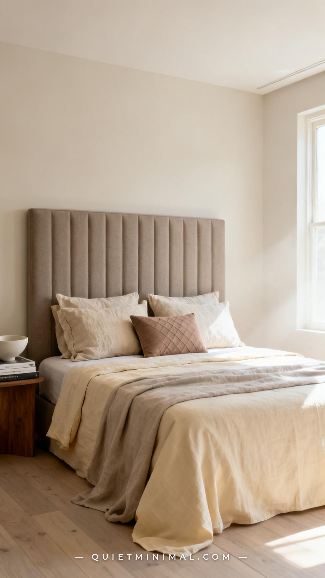 A vertical photograph establishing the full scene of a king-size bed in a serene