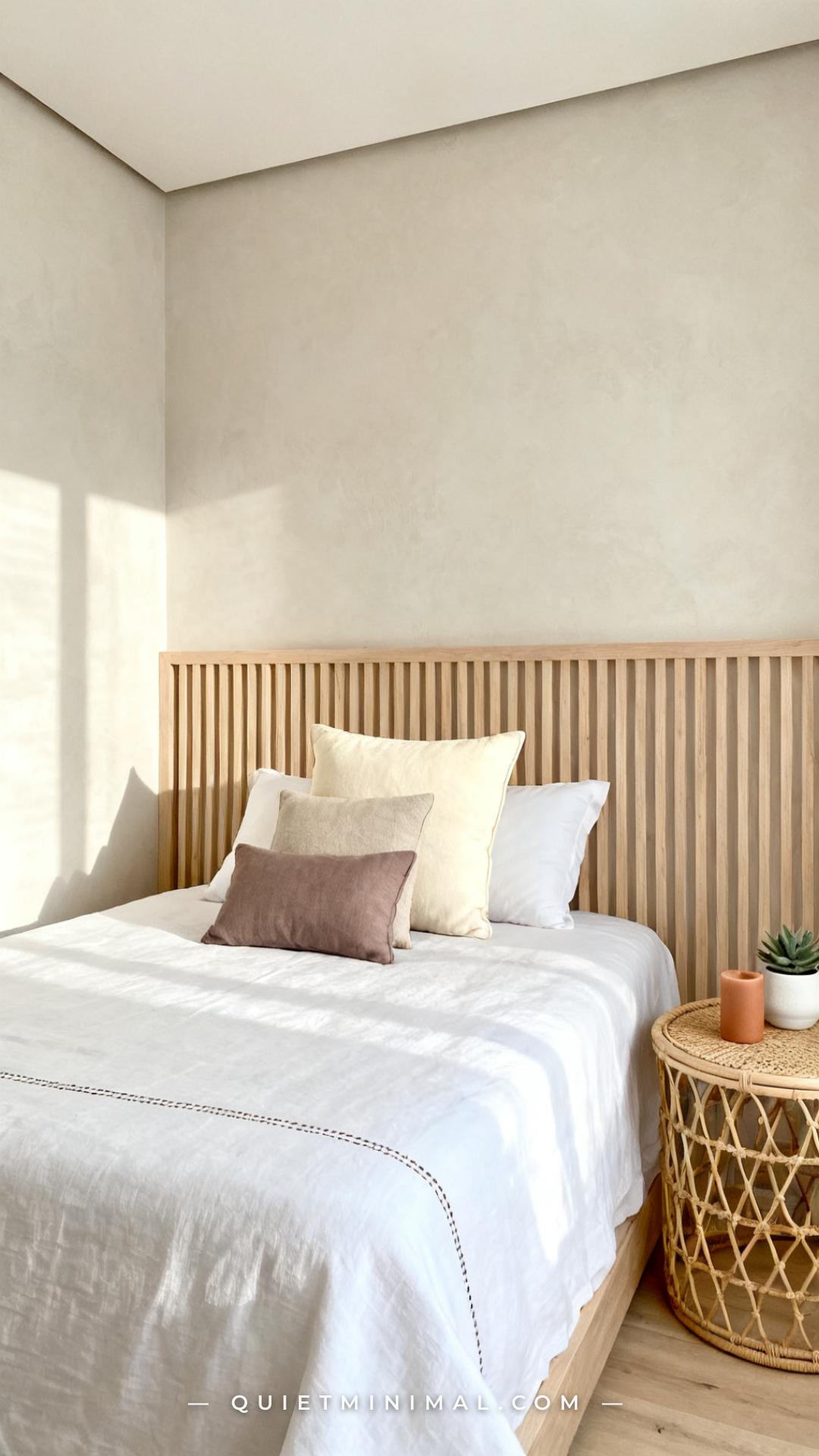 A vertical wide-angle photograph of a queen bed in a calm