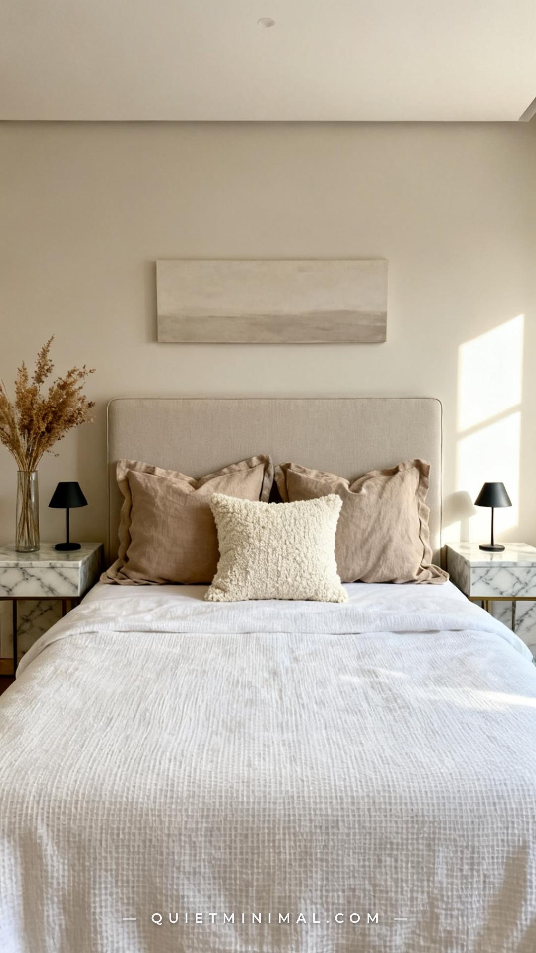 A wide vertical photograph of a king-size bed fully dressed for the day