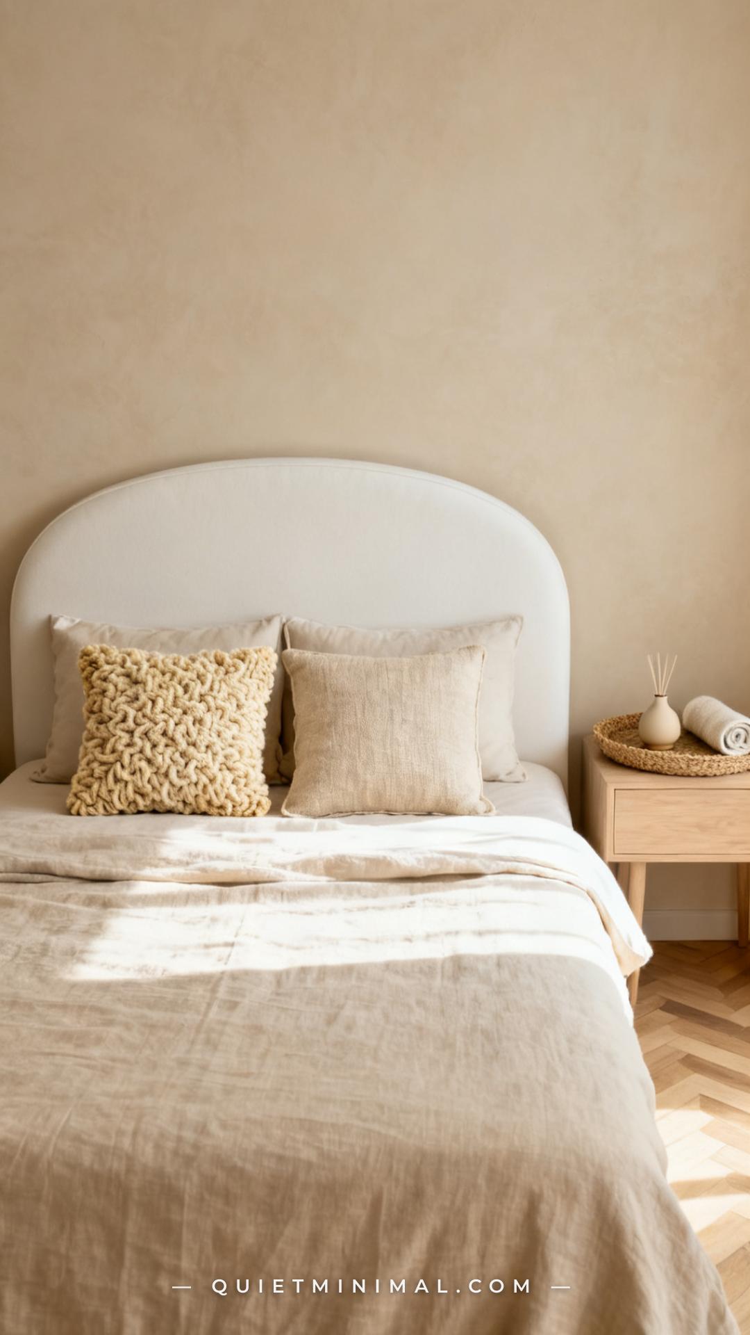 A vertical photograph establishing a full bedroom scene with a styled queen bed as the focal point
