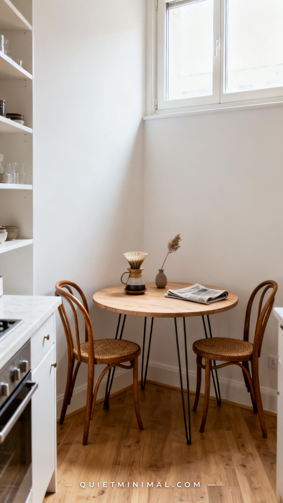 A wide-angle vertical photograph of a small apartment kitchen with a two-person bistro setup tucked into the corner wher