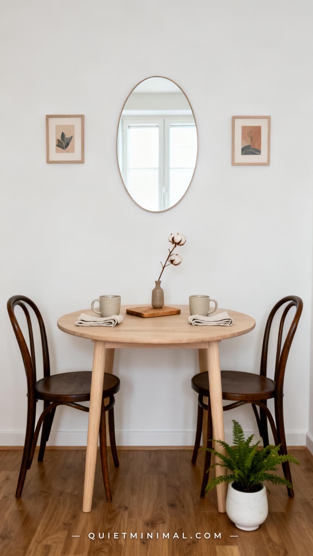 A vertical photograph captures a styled two-person apartment breakfast nook from a medium-wide angle