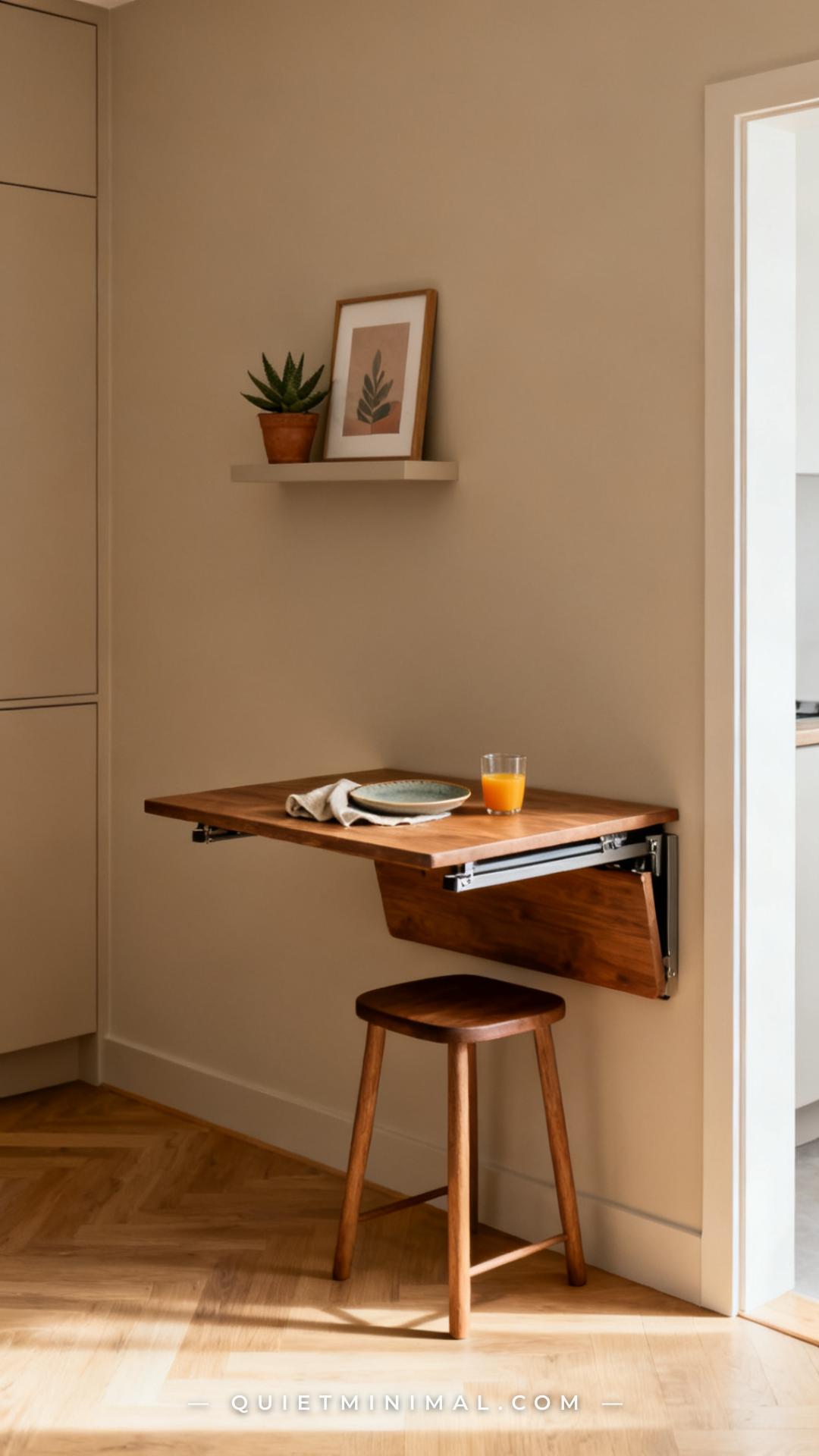 A vertical establishing shot of a narrow apartment wall where a fold-down wooden table is mounted at counter height