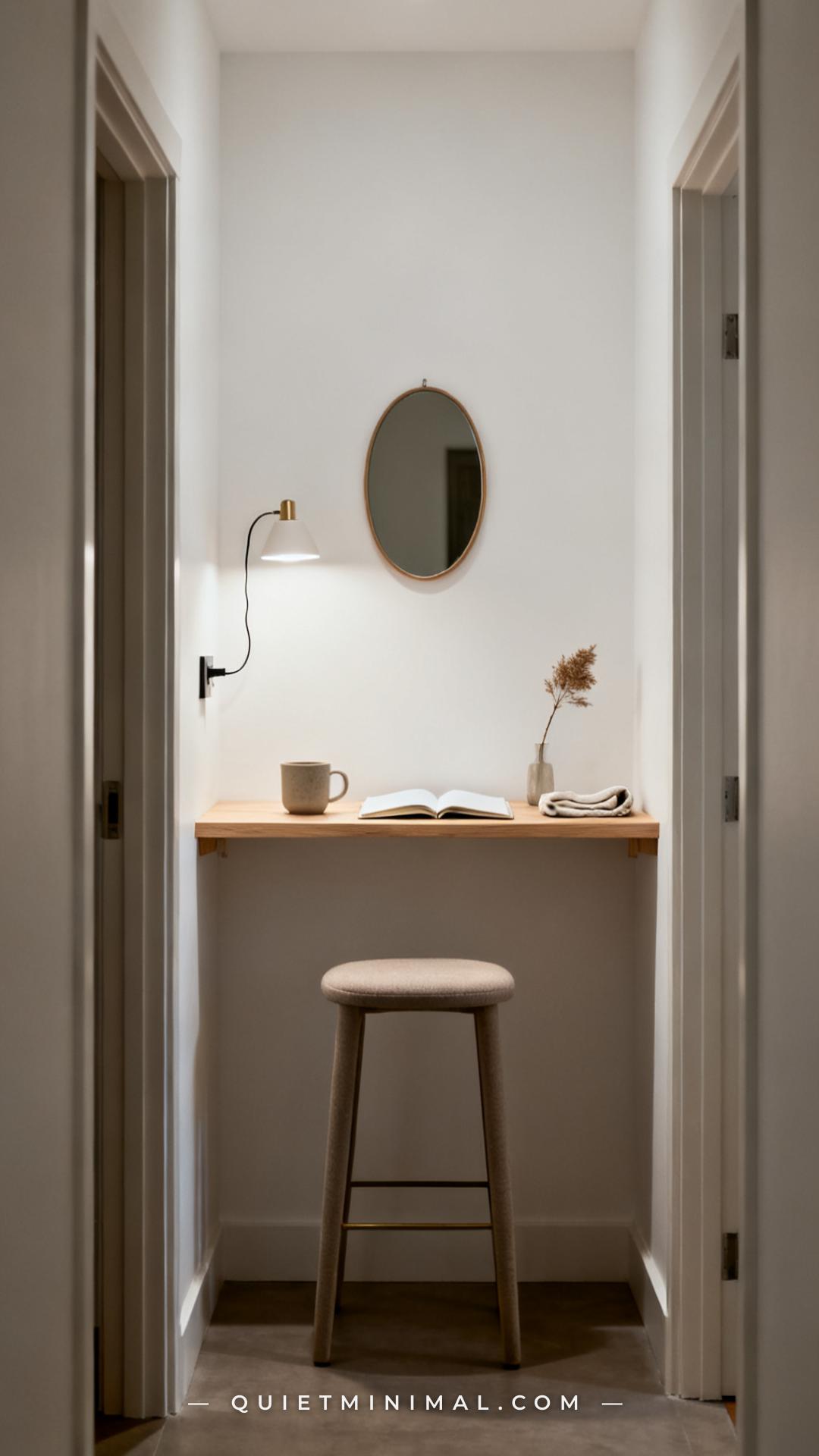 A vertical photograph captures the end wall of a short apartment hallway where a narrow wall-mounted console table has b