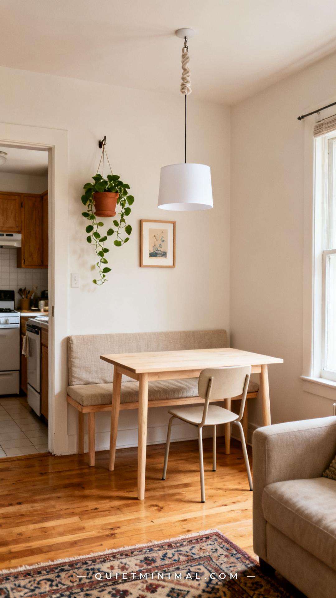 A vertical photograph shows the edge of a bright apartment living room where a two-person dining setup has been defined