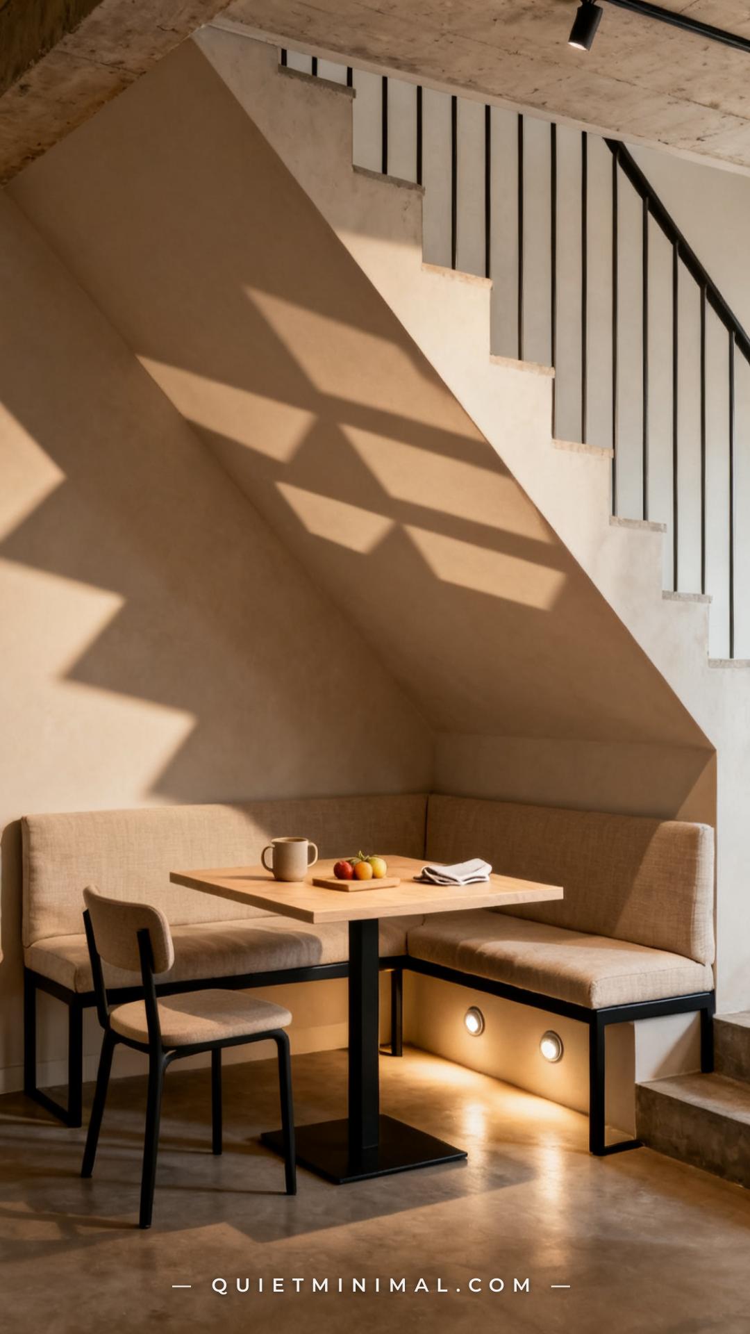 A vertical photograph captures the triangular under-stair space in a loft-style apartment