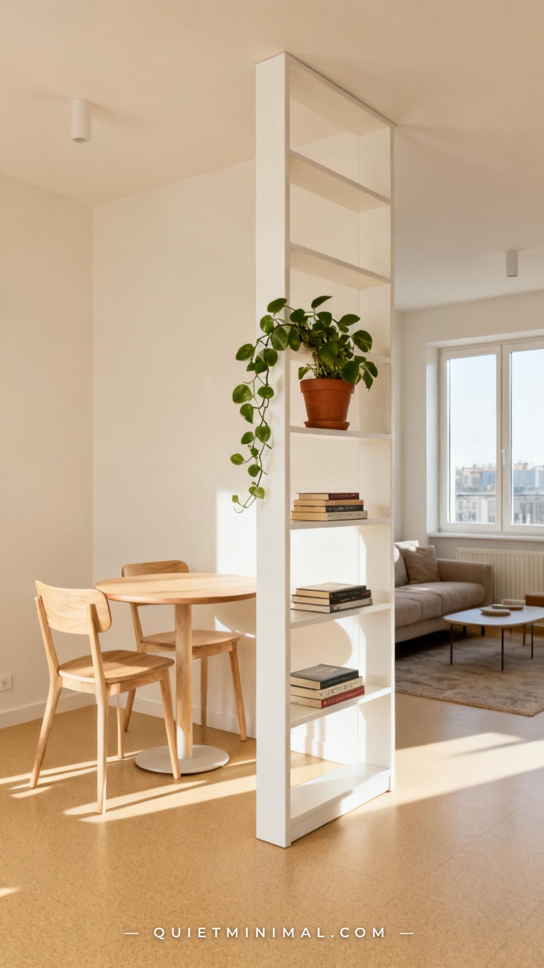 A vertical photograph shows an open-plan apartment studio where a freestanding bookshelf-style room divider creates a se