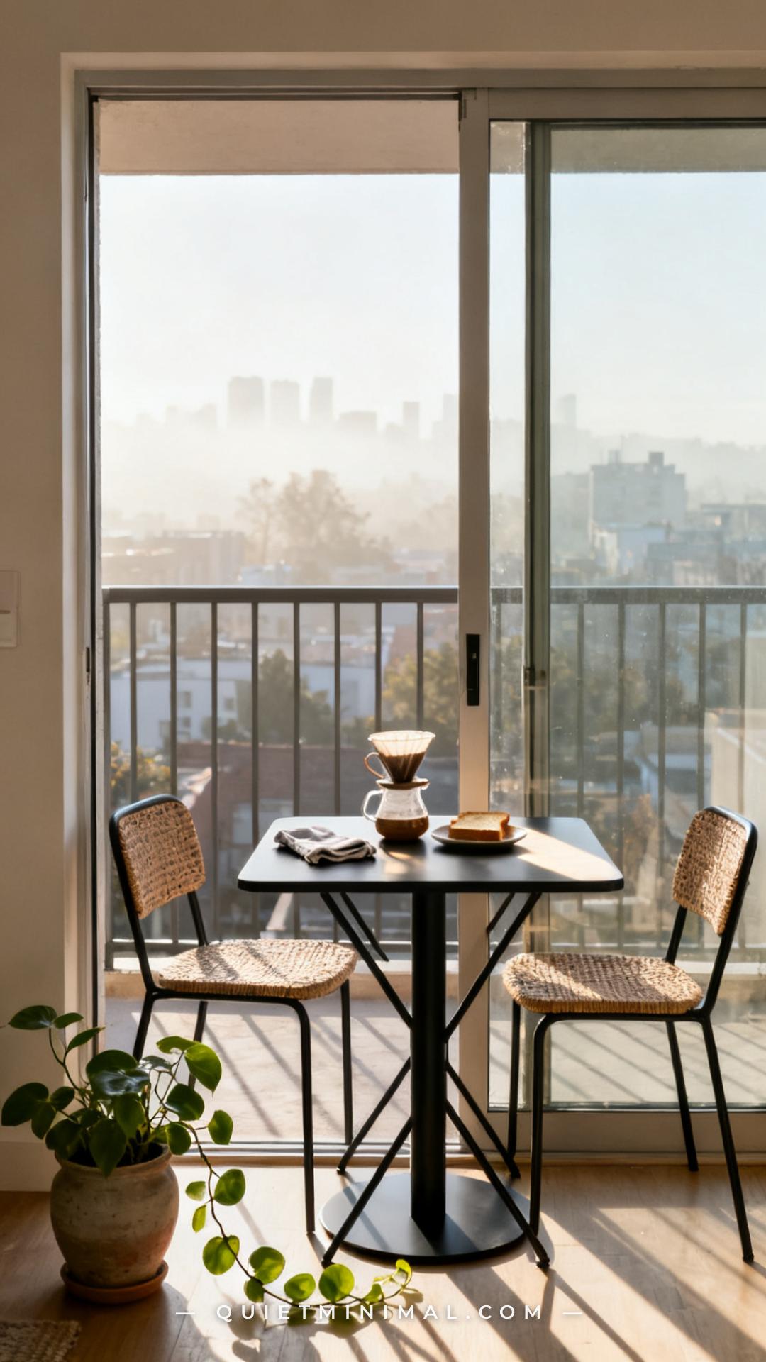 A vertical photograph captures the interior threshold of an apartment living room directly adjacent to a sliding glass b