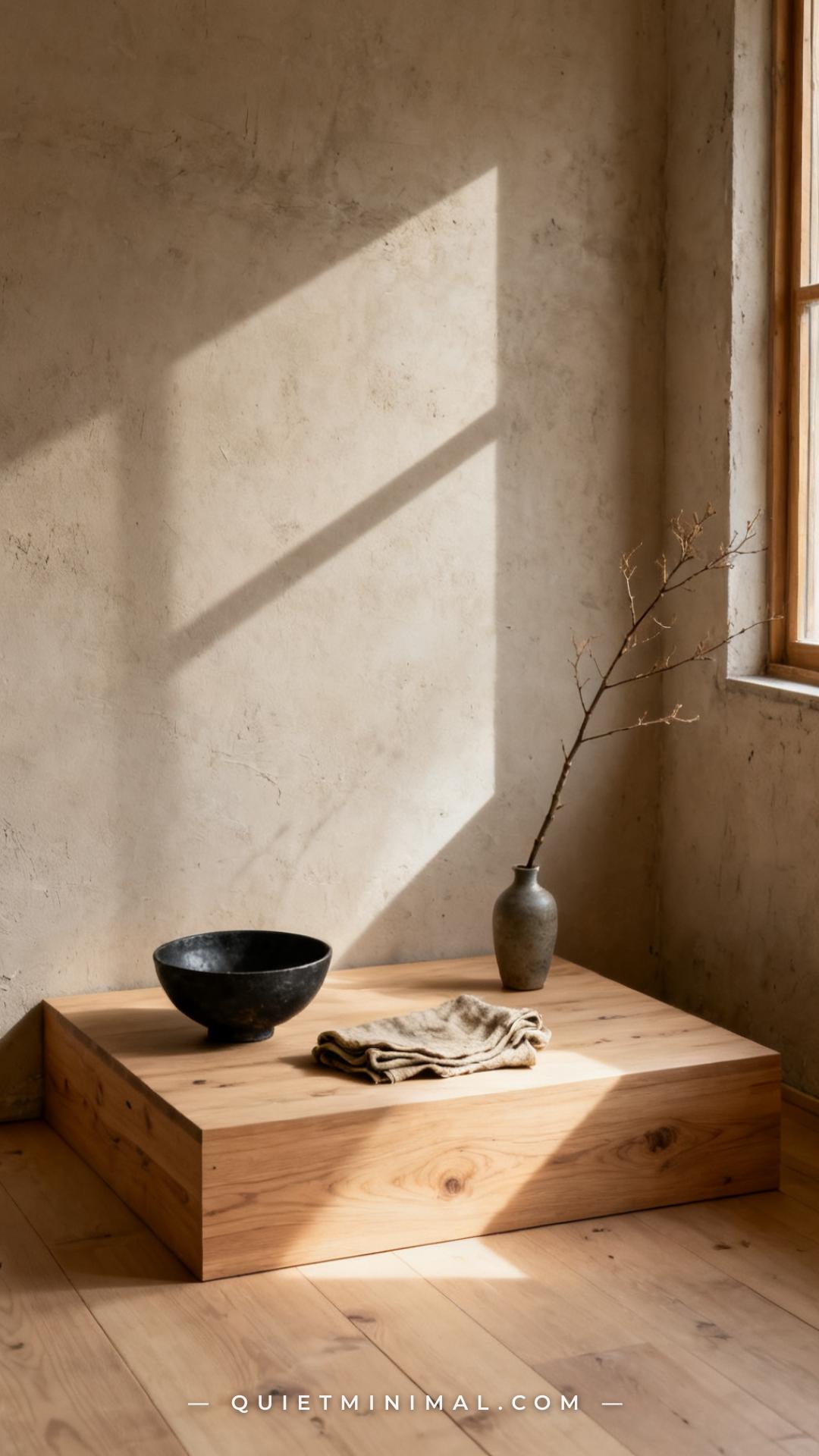 A vertical photograph establishes a wide view of a minimalist alcove corner in a living room or meditation nook