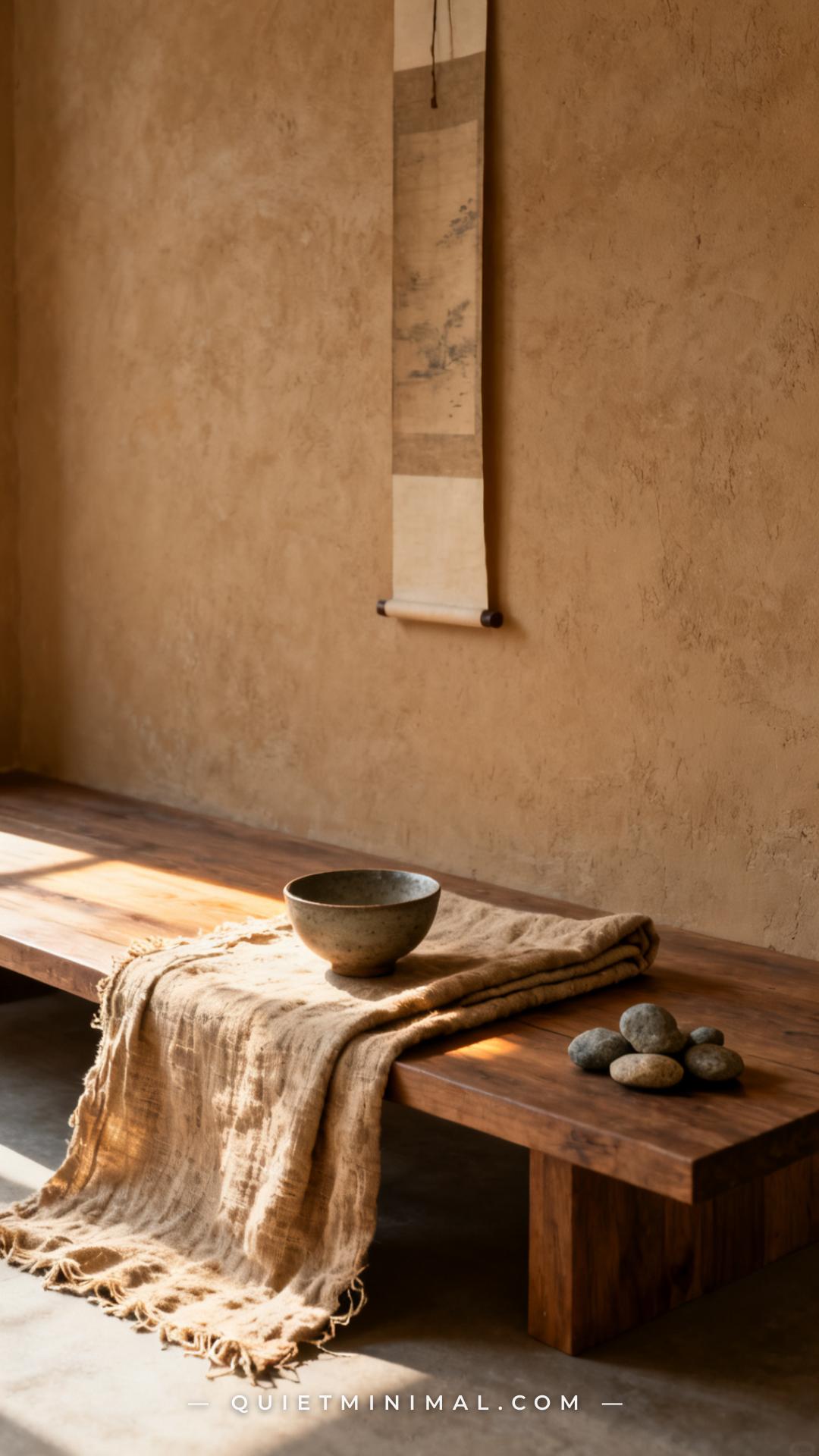 A vertical photograph captures a wide view of a low wooden display platform with a piece of aged