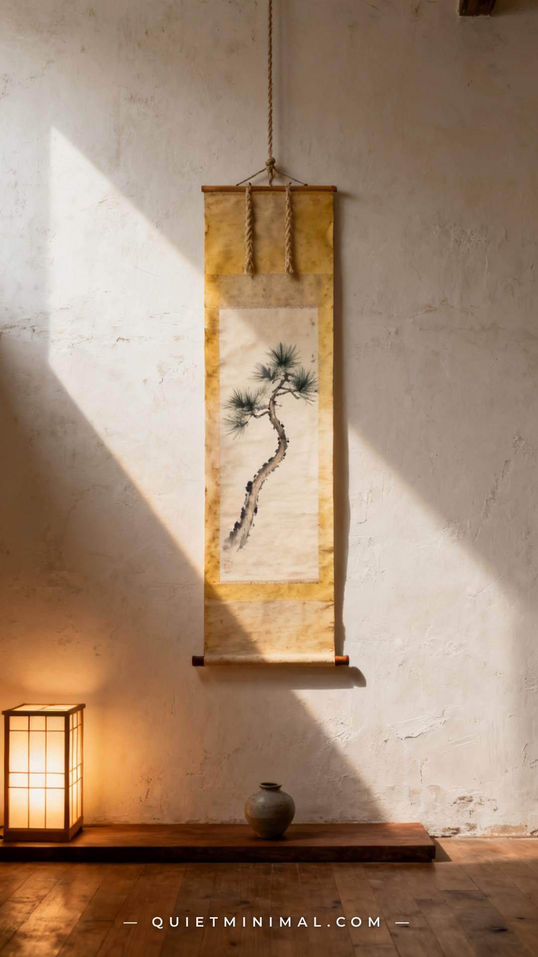 A vertical photograph establishes a wide view of a bare plaster wall with a single narrow Japanese-style hanging scroll