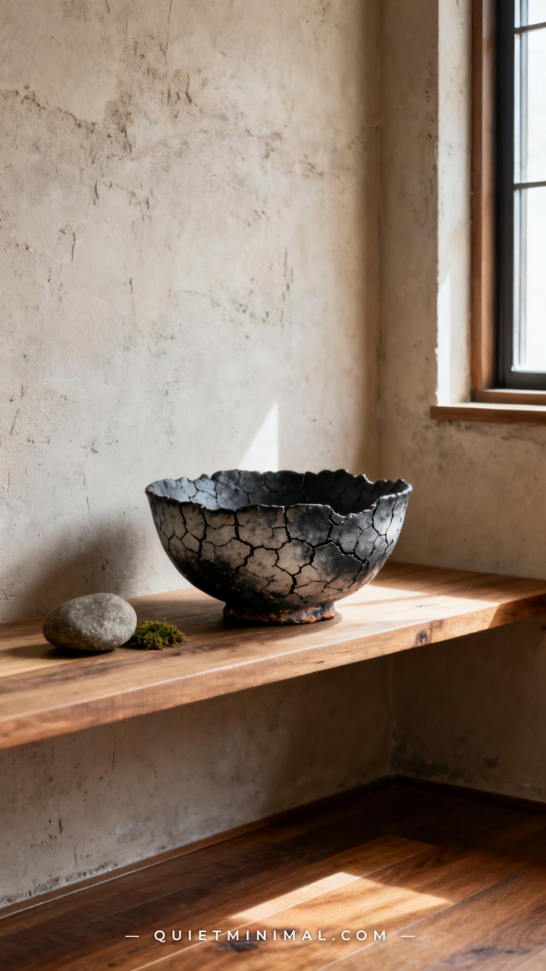 A vertical photograph shows the full scene of a low wooden platform shelf set against a raw plaster wall in a calm livin