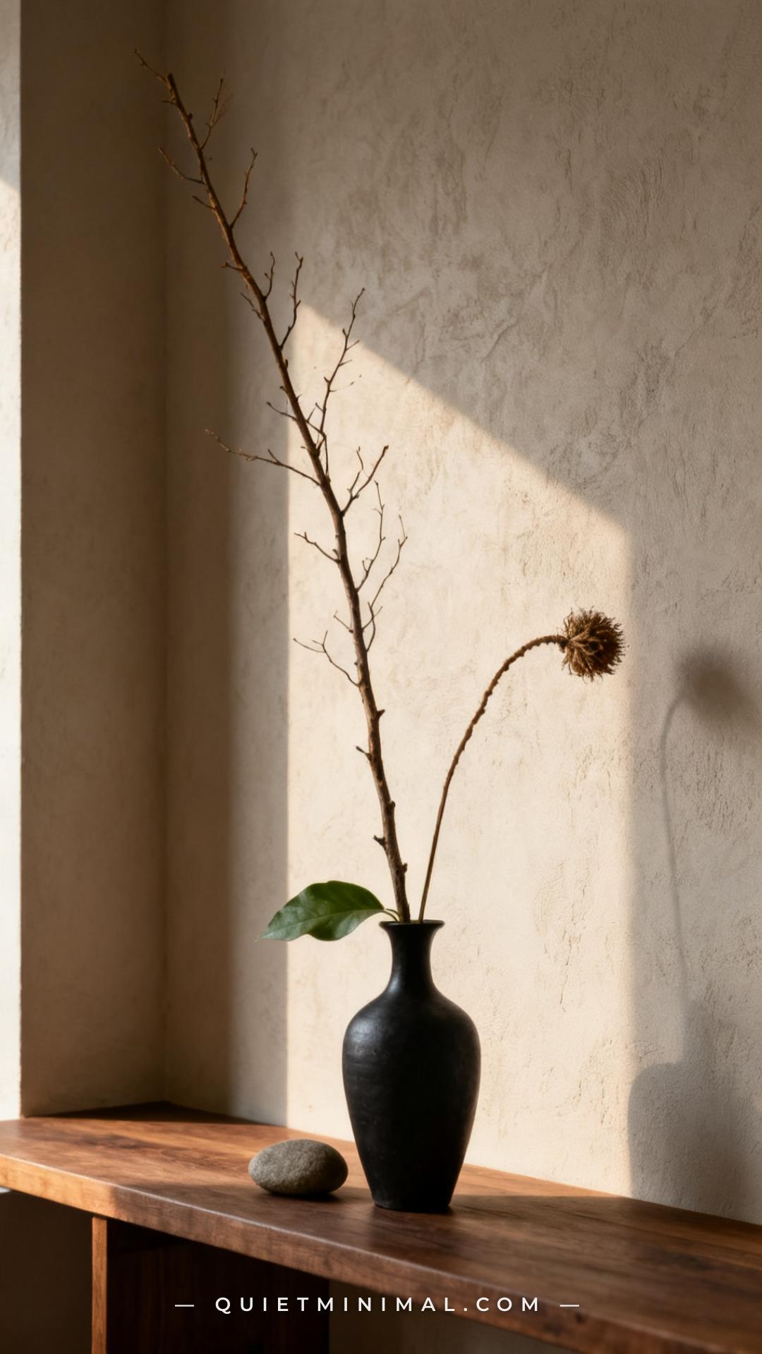 A vertical photograph captures the full scene of an ikebana flower arrangement in a narrow-necked matte ceramic vase sit