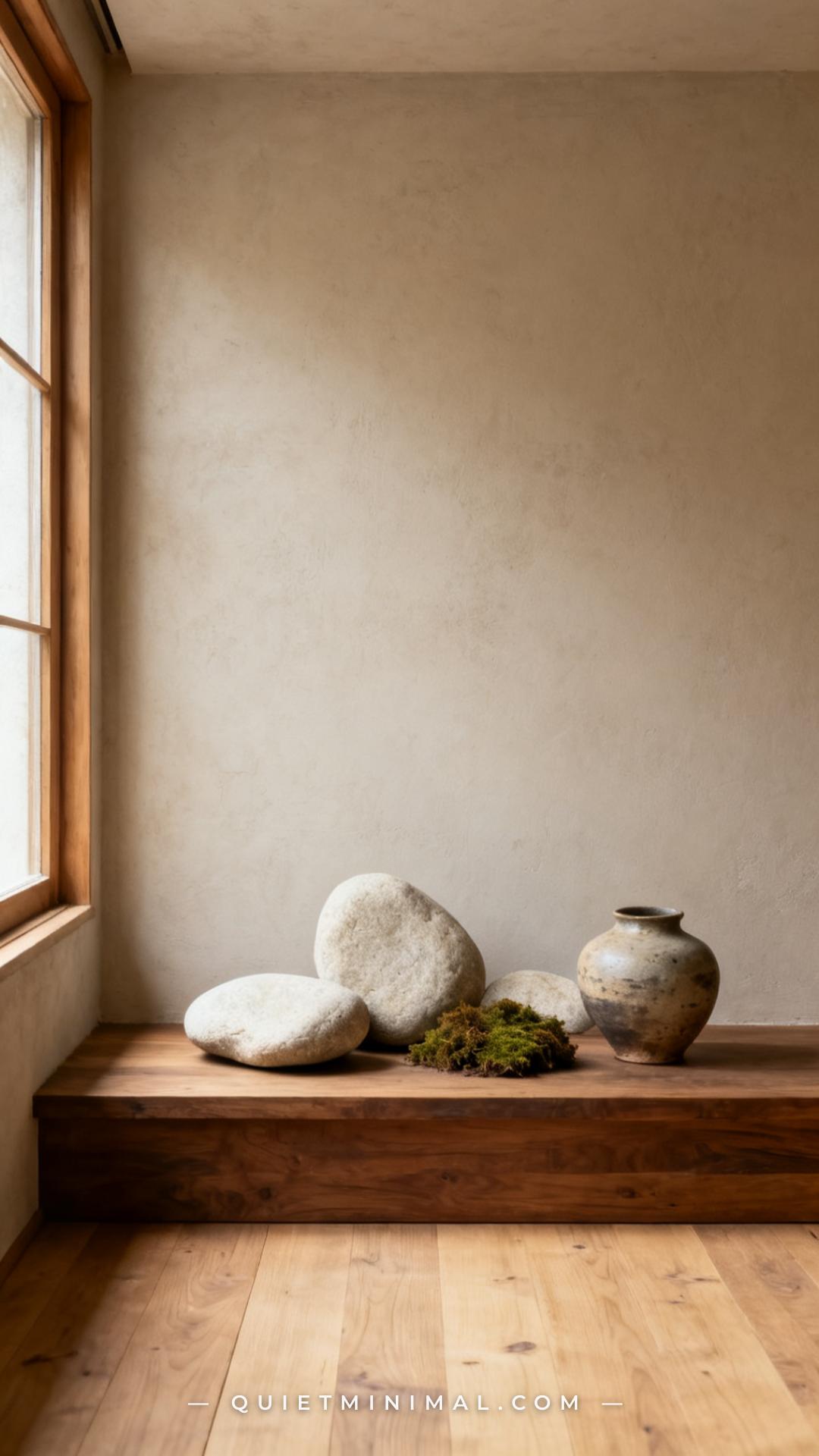 A vertical photograph establishes a wide-angle view of a low wooden display platform in a minimalist room