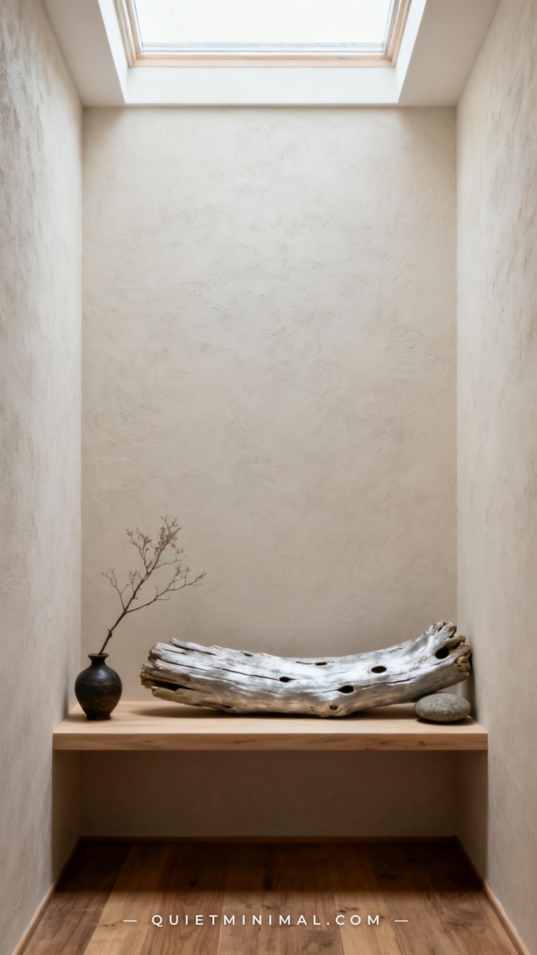 A vertical photograph captures the full scene of a narrow alcove or wall niche with a low pale oak shelf