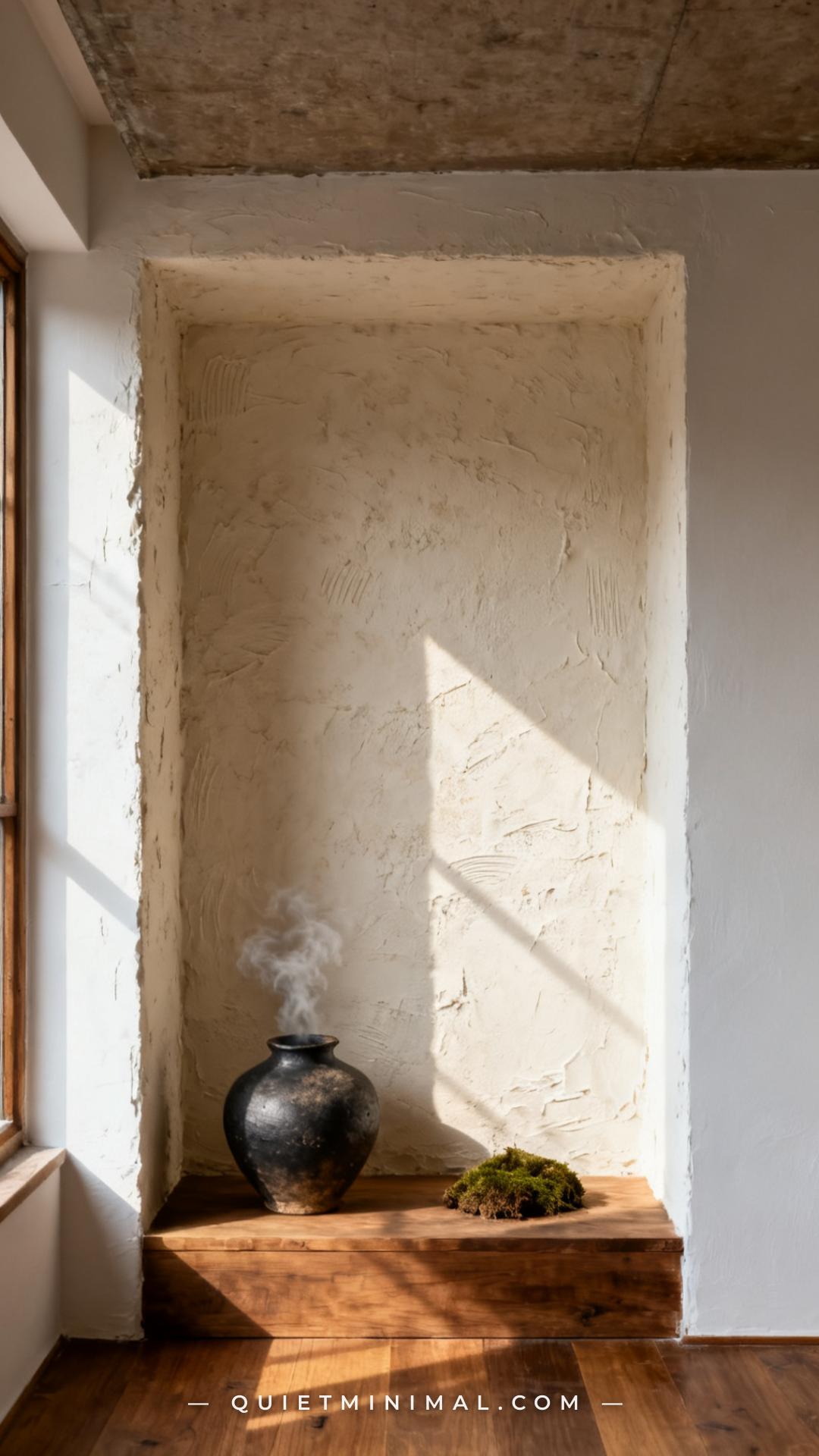 A vertical photograph establishes a wide view of a shallow wall alcove with a visibly textured plaster finish in warm of