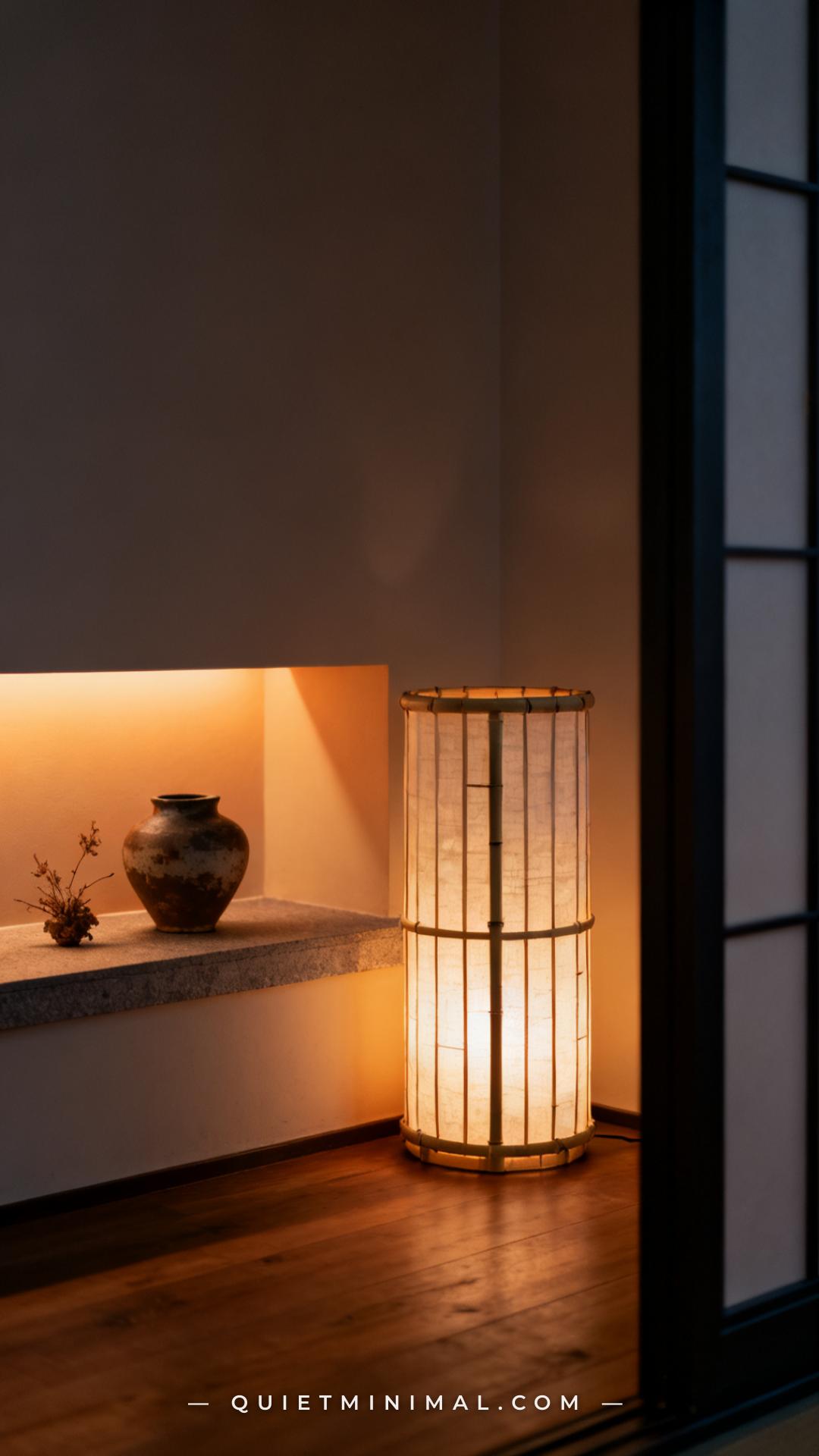 A vertical photograph captures the full scene of a narrow corner of a living room or study at dusk