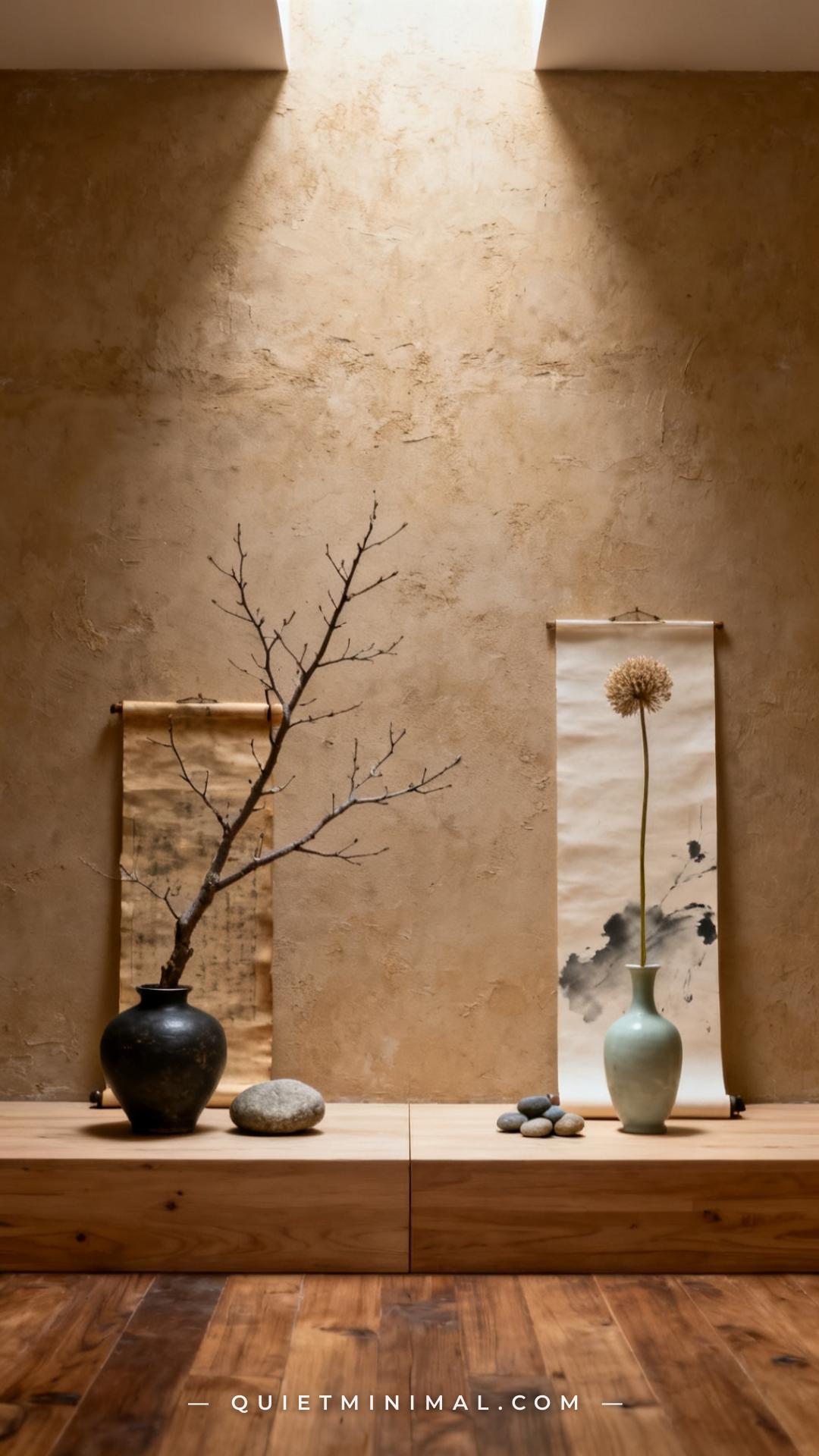 A vertical photograph captures two views of the same low wooden display platform in one wide frame — a split composition