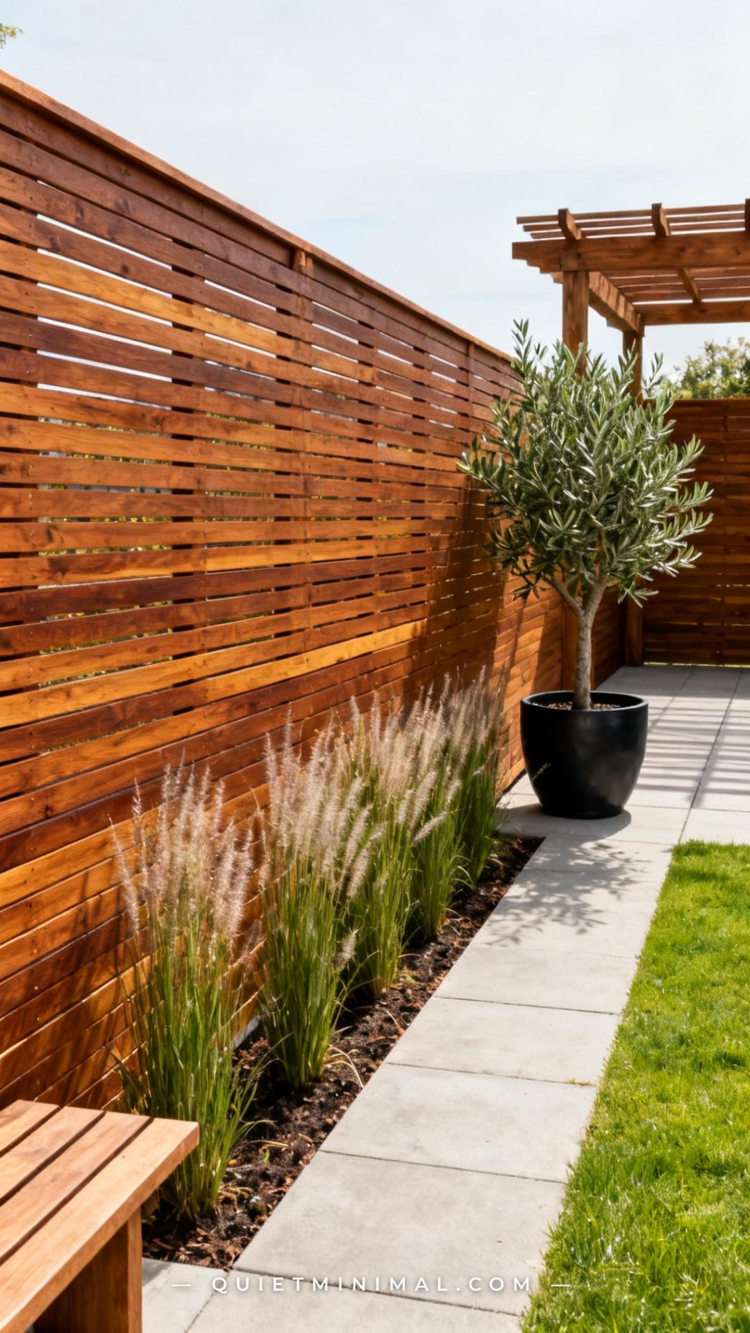 A vertical photograph captures the full scene of an urban backyard where a DIY horizontal wood privacy screen has been b