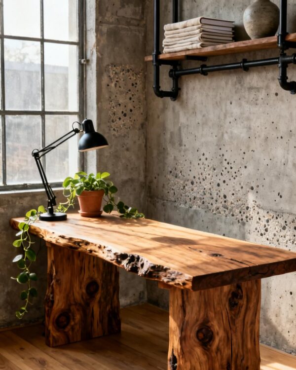 Wabi-Sabi Industrial Home Office Ideas With Reclaimed Wood, Exposed Pipes & Raw Concrete