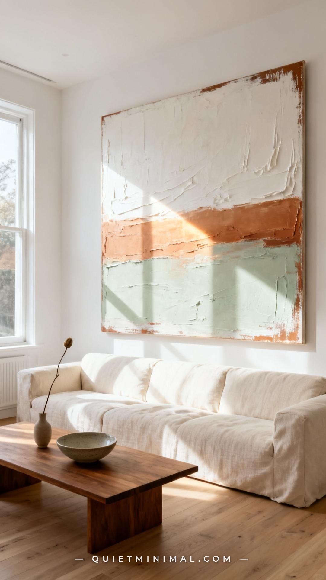 A wide-angle view of a living room featuring an oversized abstract canvas — at least 48 inches wide — mounted directly a