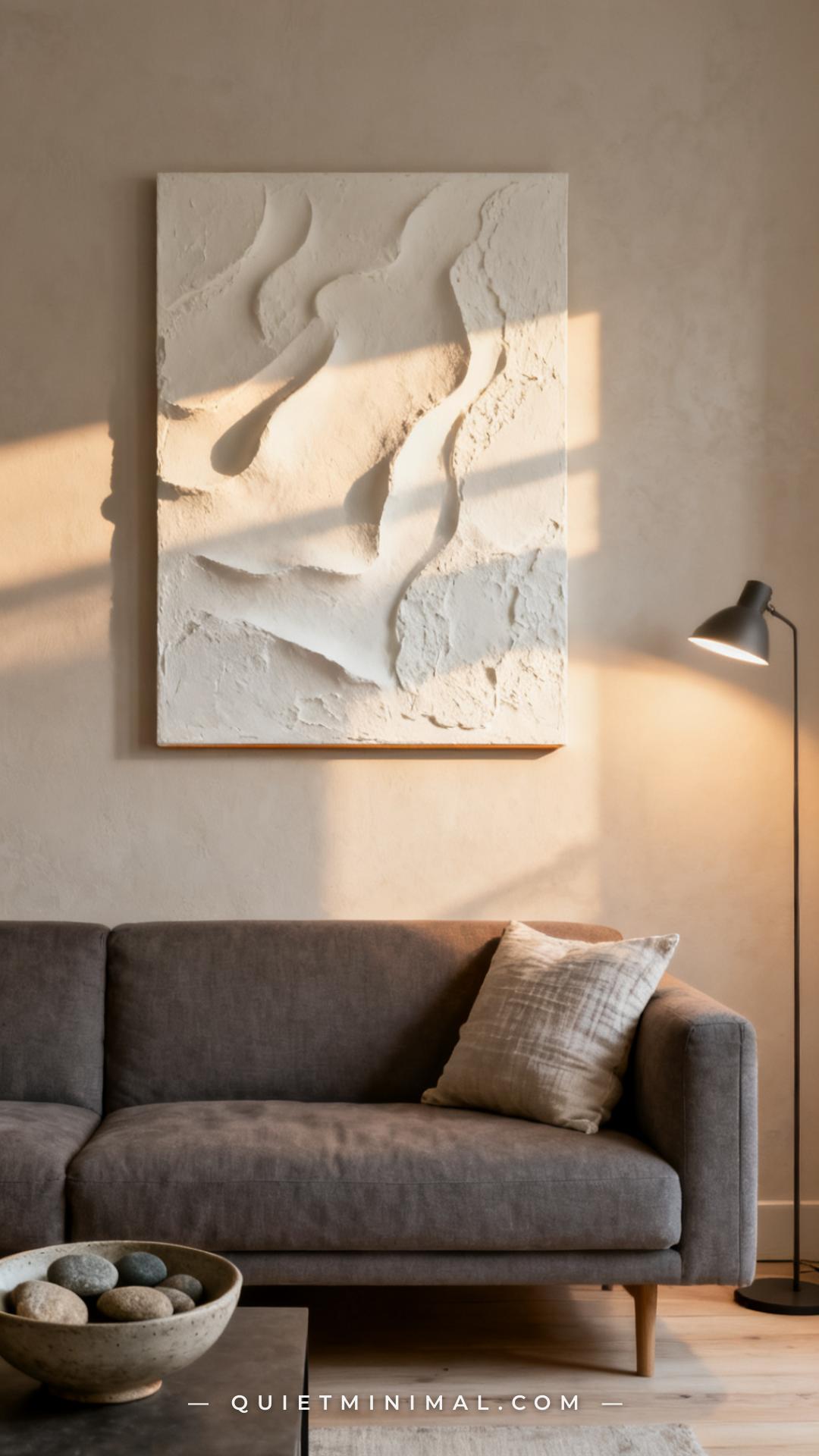 A medium-wide composition showing a textured plaster relief panel — approximately 24 by 36 inches — mounted above a long