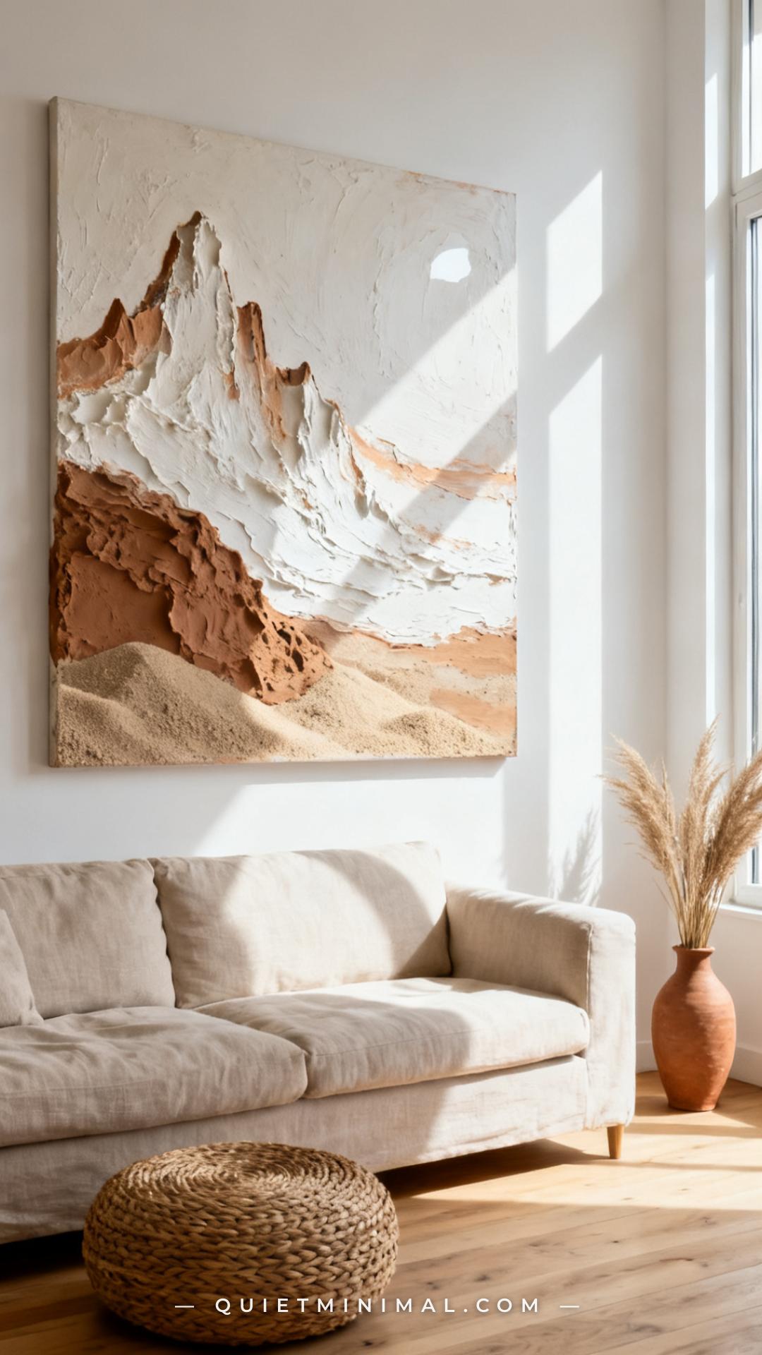 An establishing shot of a sun-lit living room wall above a linen sofa in warm white