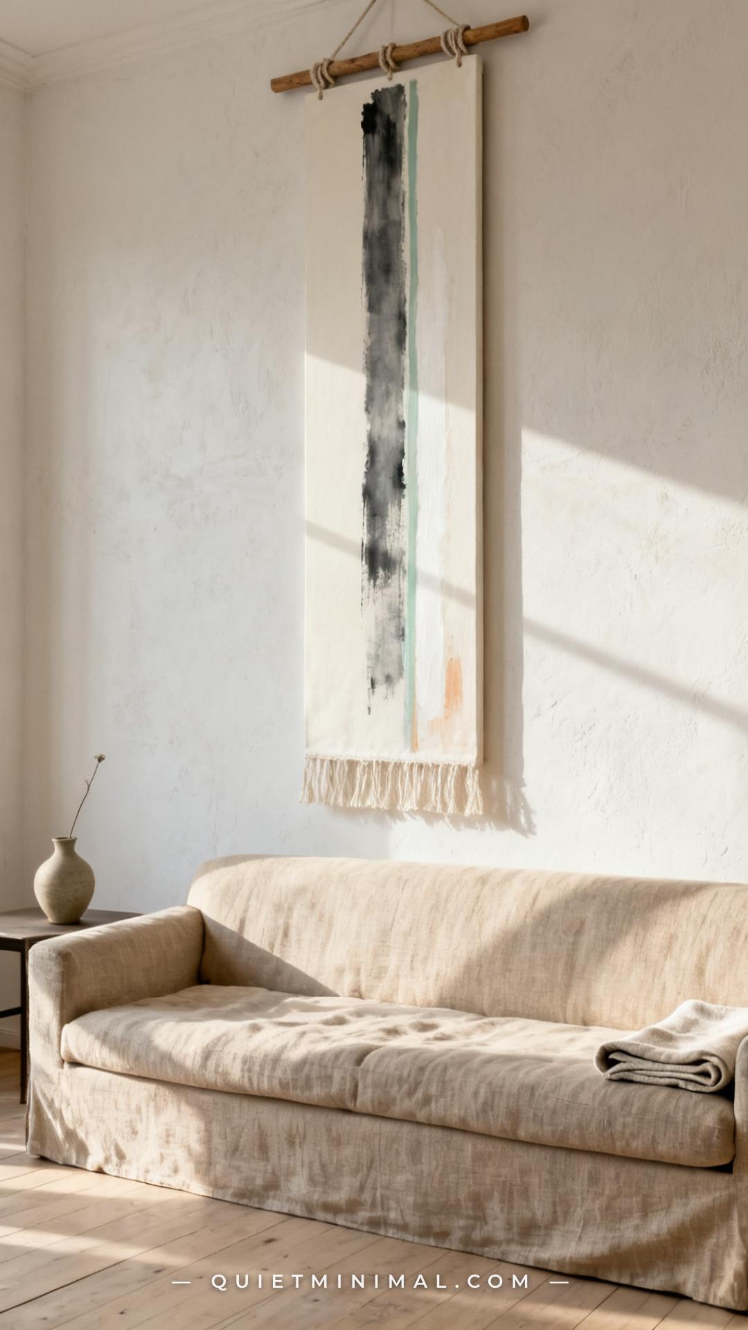 A vertical photograph captures the full height of a living room wall above a wide natural linen sofa
