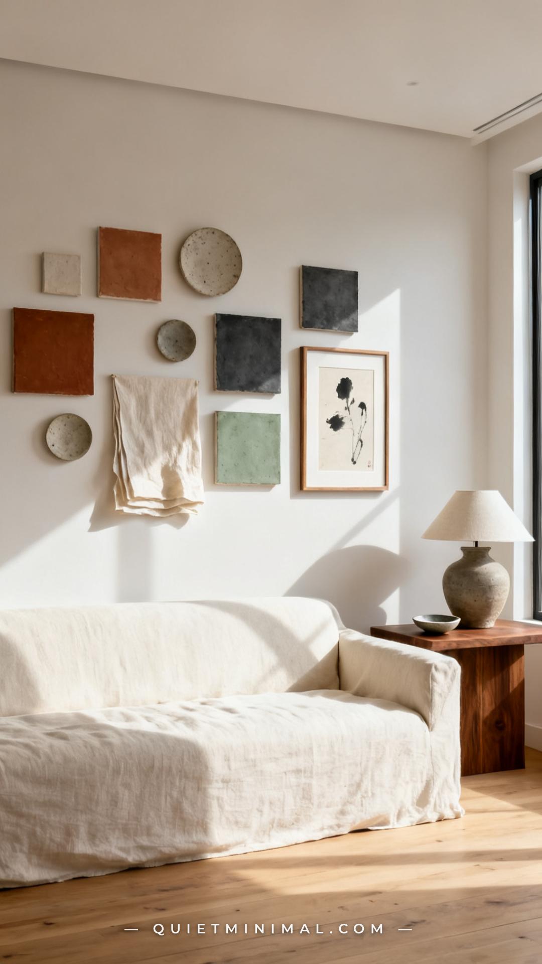An establishing shot of a living room showing a large asymmetric gallery wall above a wide cream linen sofa