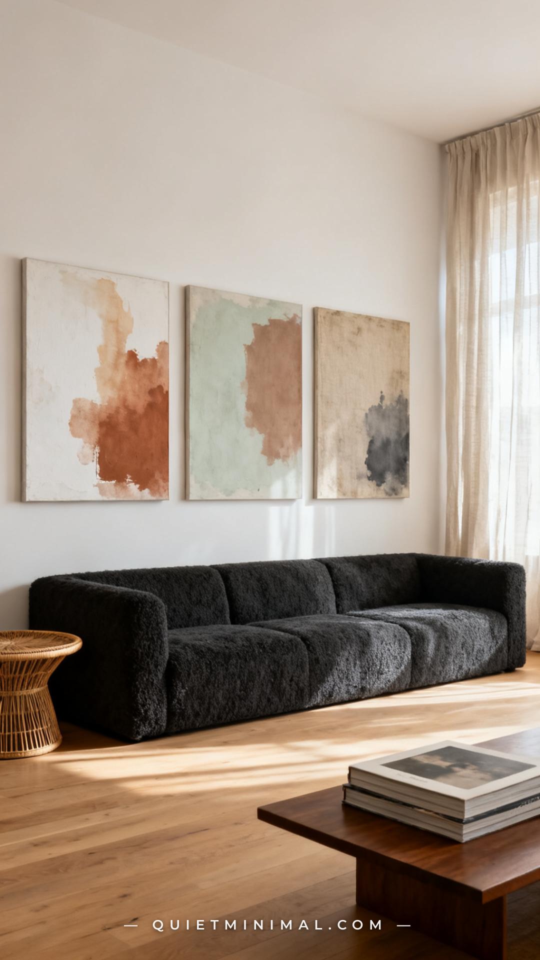 An establishing shot of a wide living room wall showing a three-panel wabi sabi triptych hung above a long charcoal bouc