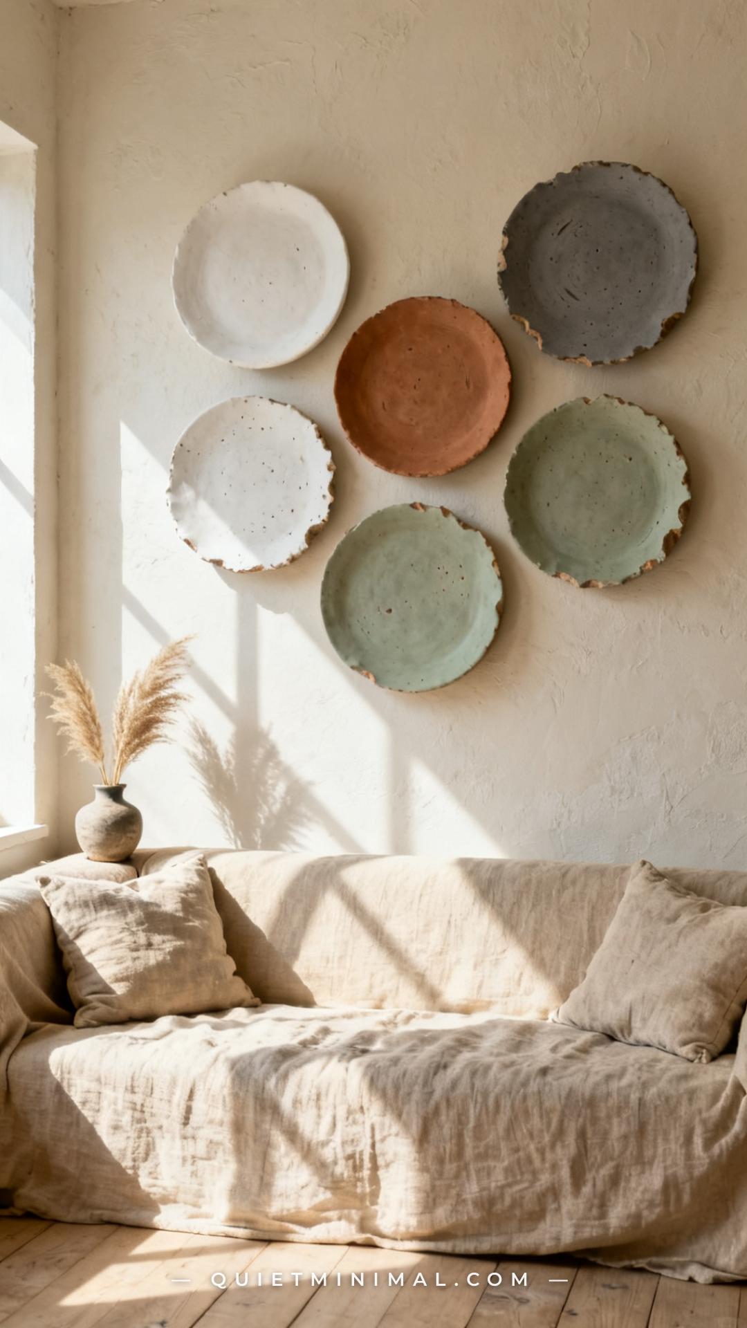 A medium-wide composition showing a cream plaster wall above a low-slung natural linen sofa