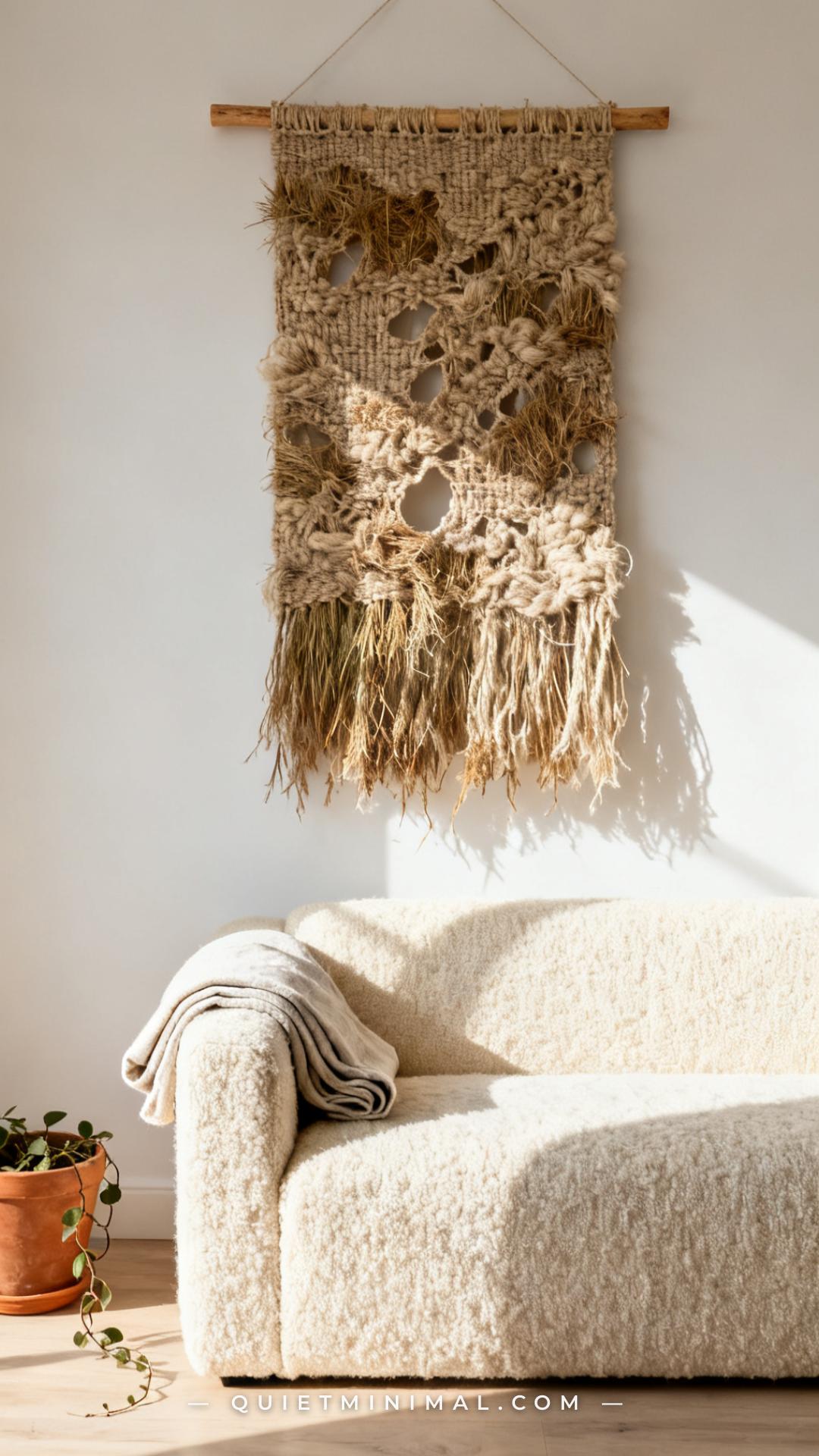 A vertical photograph captures the full living room scene above a wide cream boucle sofa