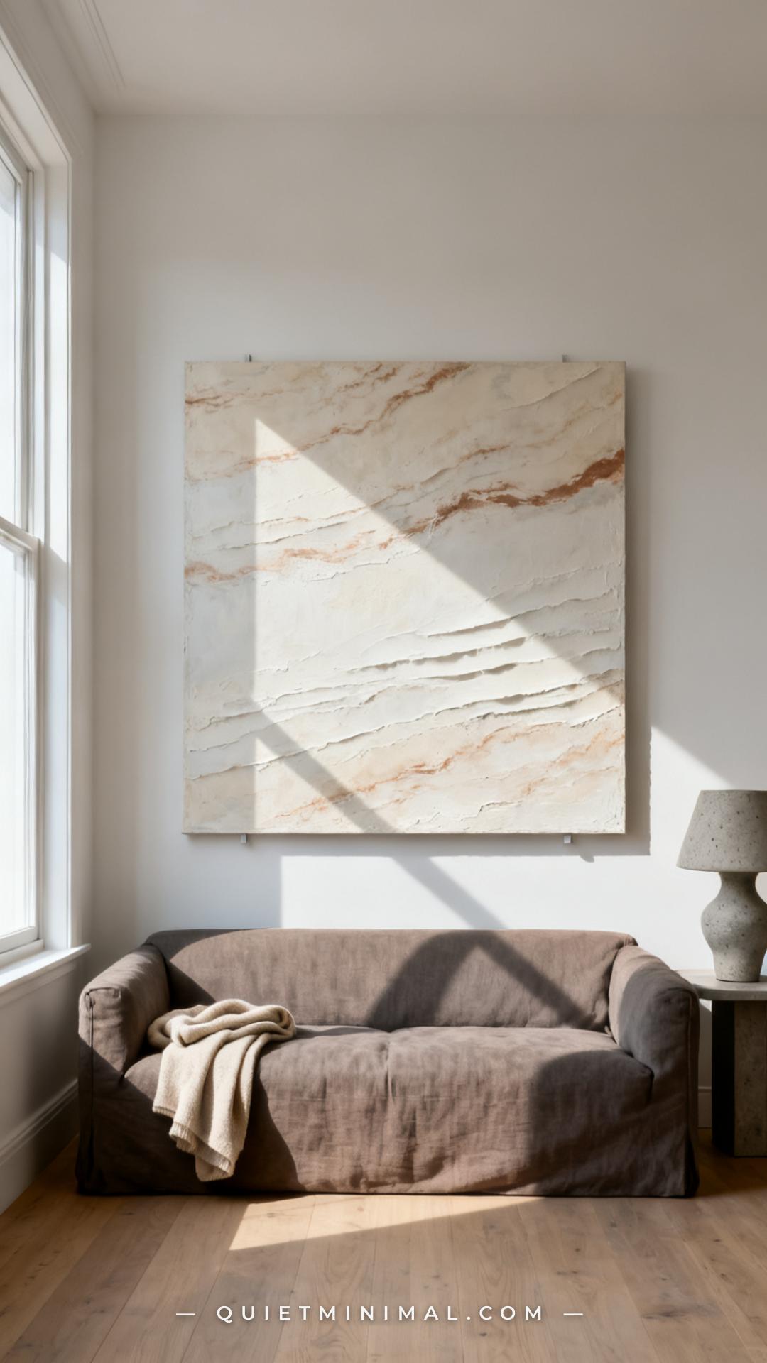A wide-angle view of a living room showing a large painted panel — approximately 40 by 50 inches — mounted above a warm