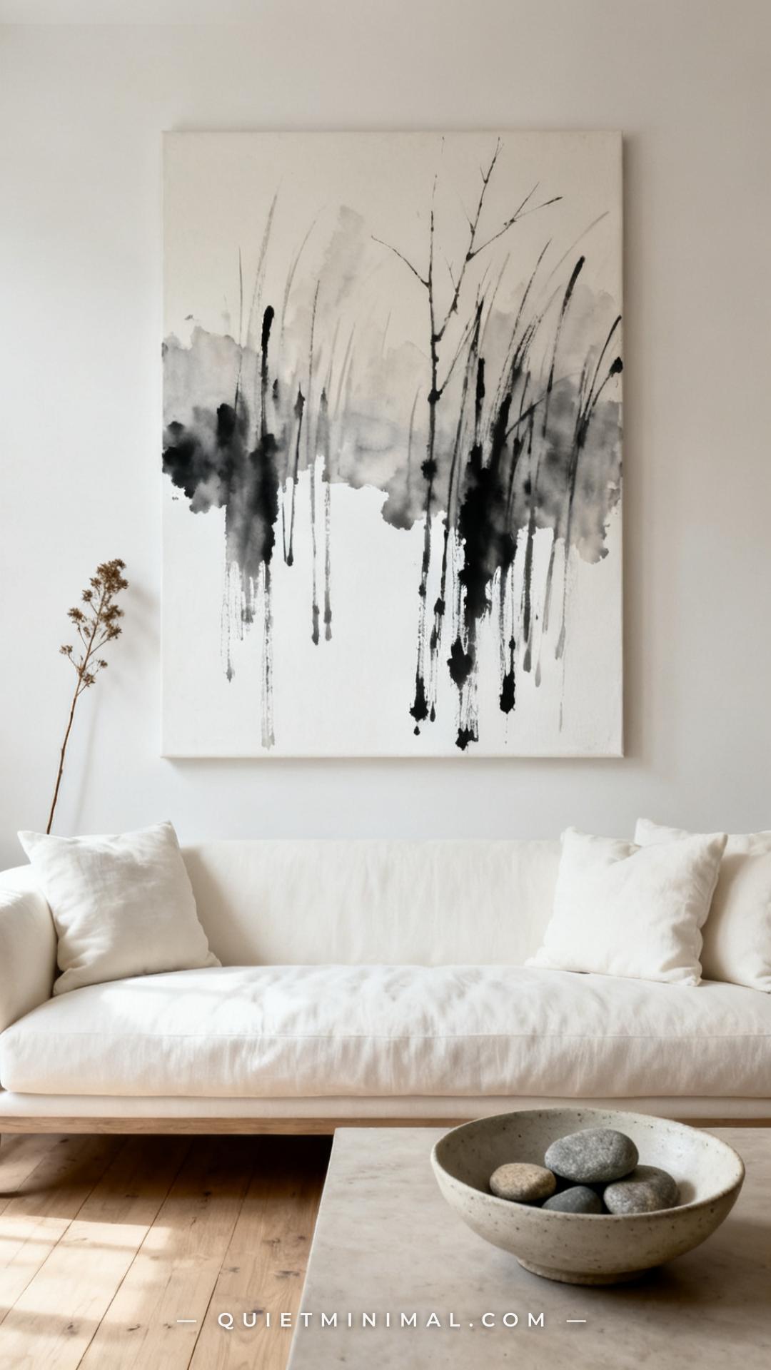 A medium-wide composition showing a light-filled living room with a large abstract ink wash painting centered above a lo